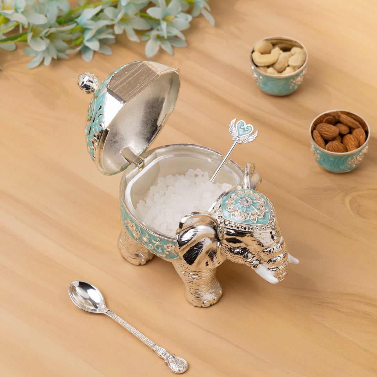 Premsons® Turquoise Enamel Silver Finish Decorative Elephant Set of 2