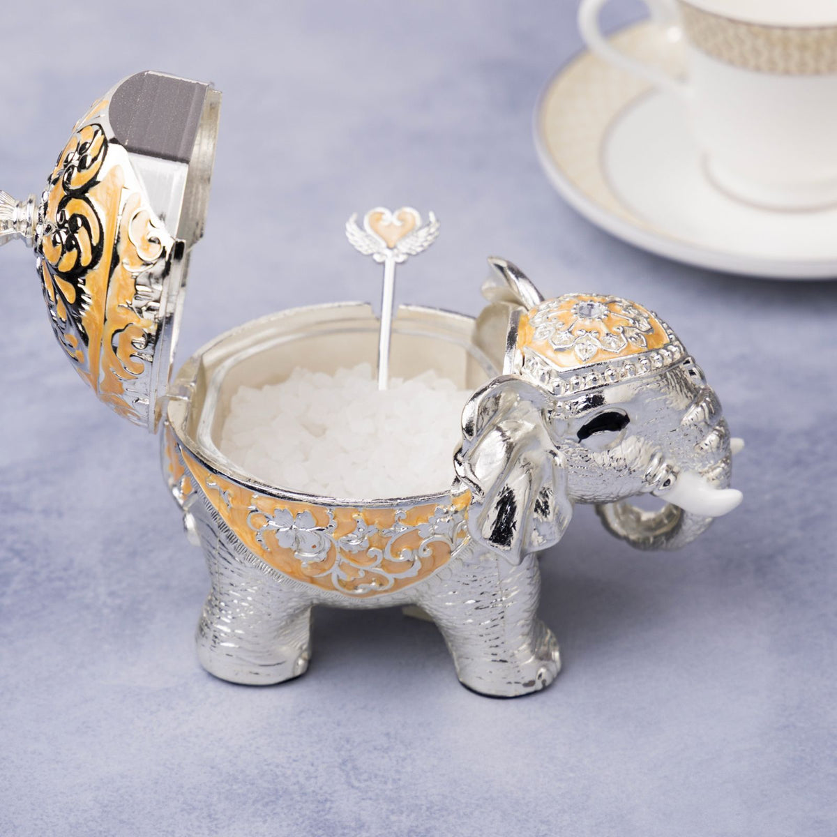Premsons® Gold Enamel Silver Elephant Decorative Box with Ornate Floral Detailing