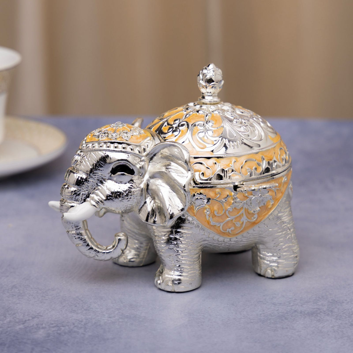 Premsons® Gold Enamel Silver Elephant Decorative Box with Ornate Floral Detailing
