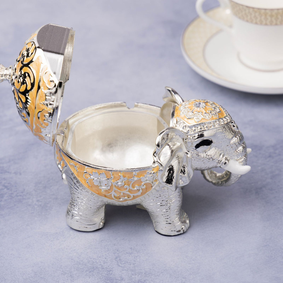 Premsons® Gold Enamel Silver Elephant Decorative Box with Ornate Floral Detailing