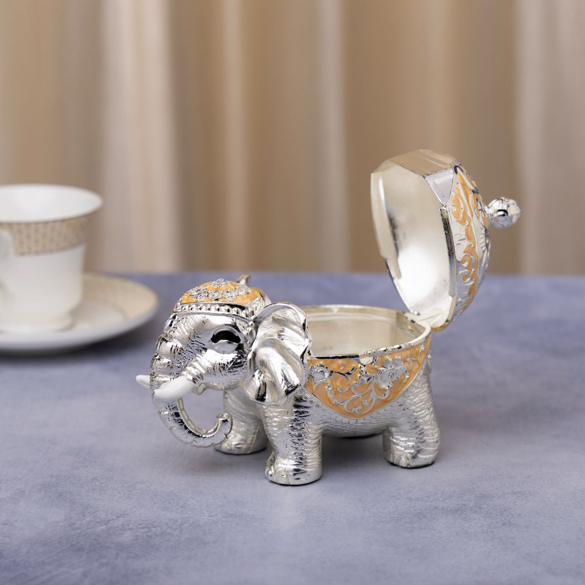 Premsons® Gold Enamel Silver Elephant Decorative Box with Ornate Floral Detailing