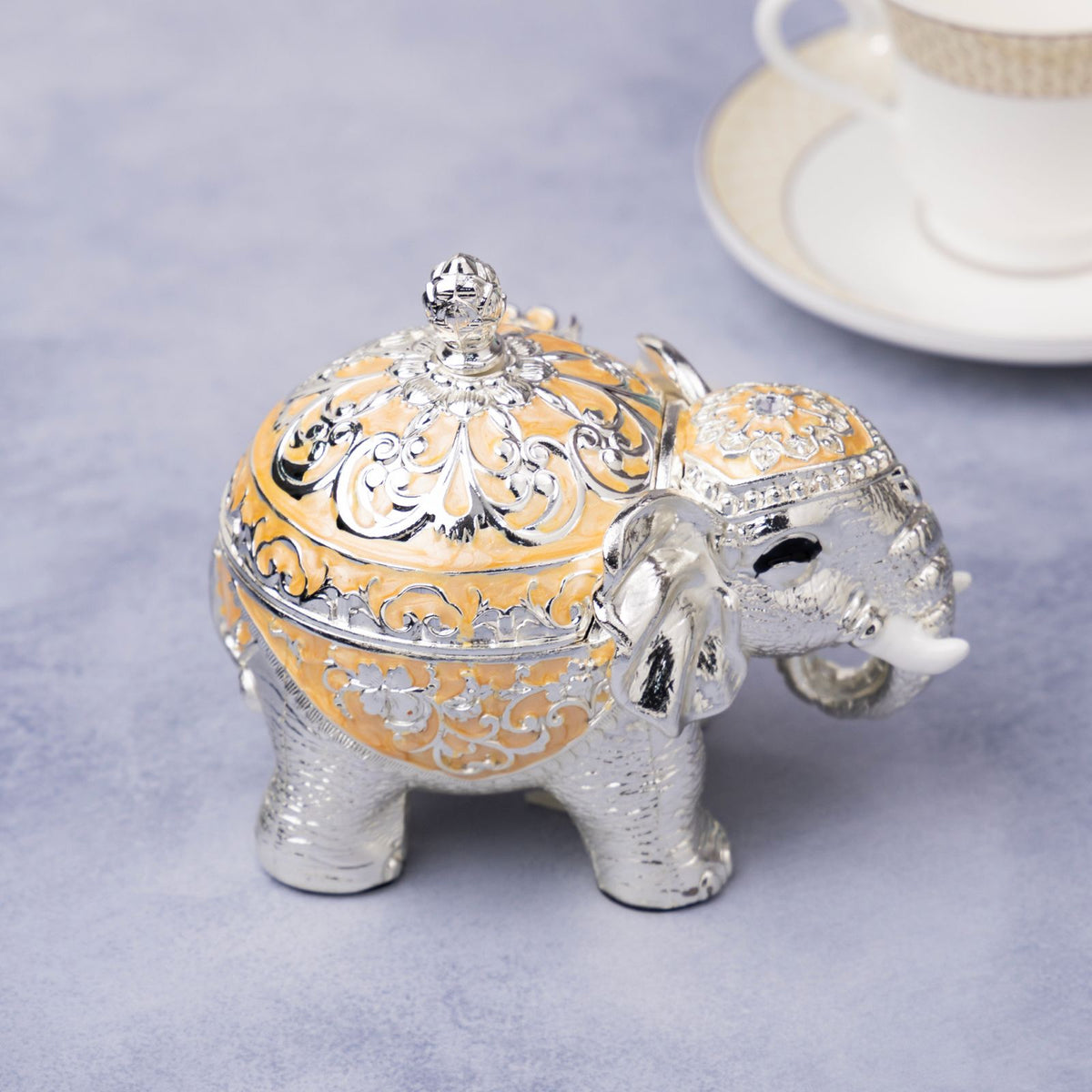 Premsons® Gold Enamel Silver Elephant Decorative Box with Ornate Floral Detailing