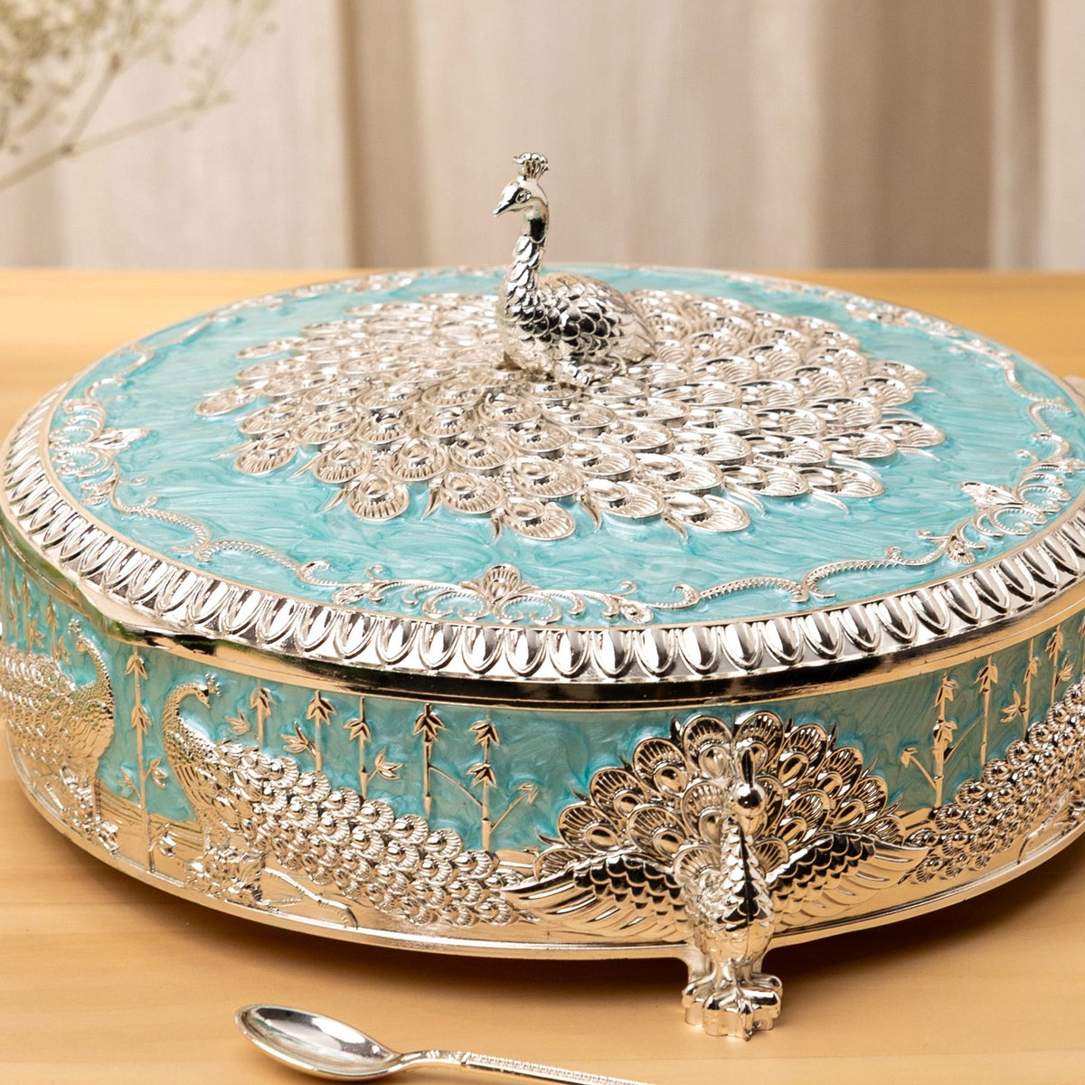 Premsons® Turquoise Enamel Silver Peacock Decorative Box with Ornate Floral Detailing, Small & Large