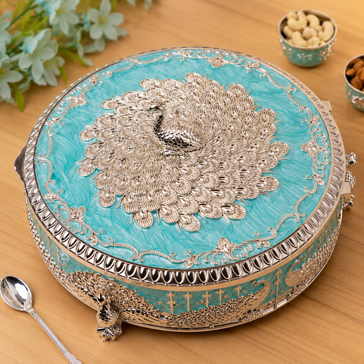 Premsons® Turquoise Enamel Silver Peacock Decorative Box with Ornate Floral Detailing, Small & Large