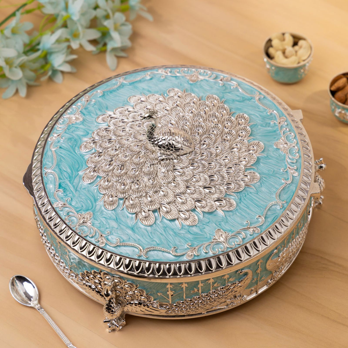 Premsons® Turquoise Enamel Silver Peacock Decorative Box with Ornate Floral Detailing, Small & Large
