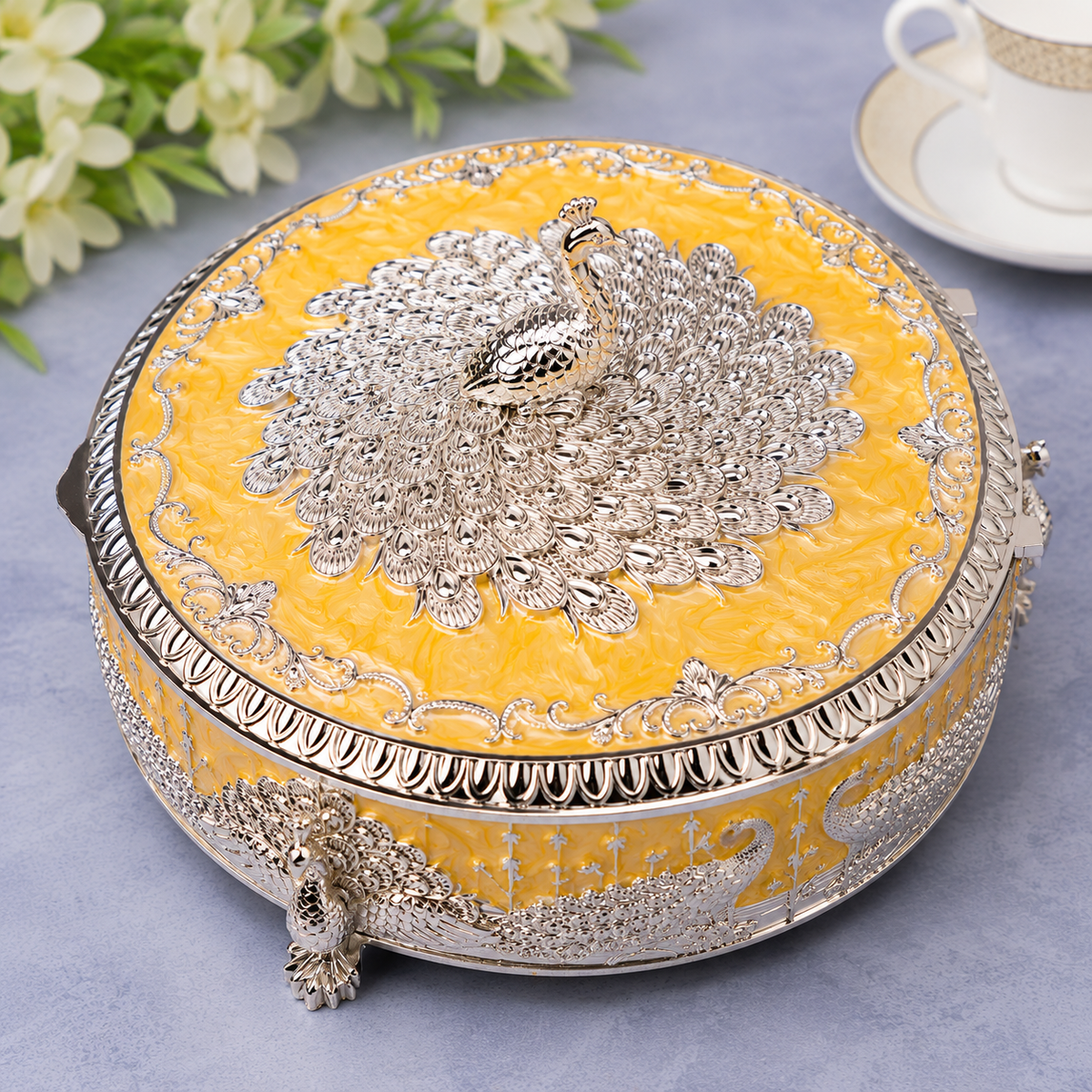 Premsons® Yellow Enamel Silver Peacock Decorative Box with Ornate Floral Detailing, Small & Large