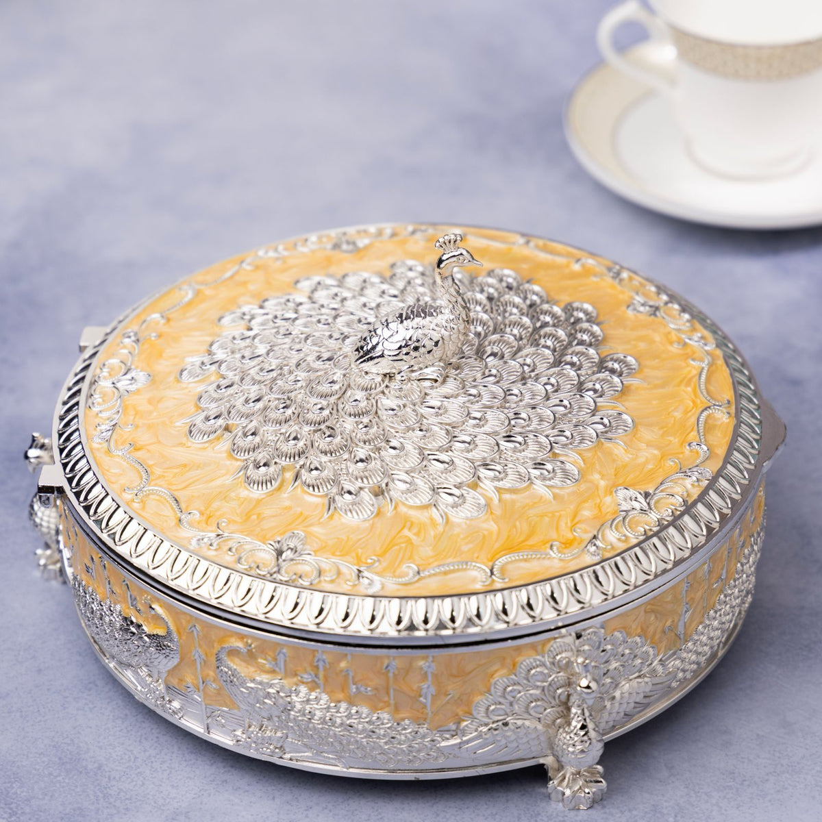 Premsons® Yellow Enamel Silver Peacock Decorative Box with Ornate Floral Detailing, Small & Large