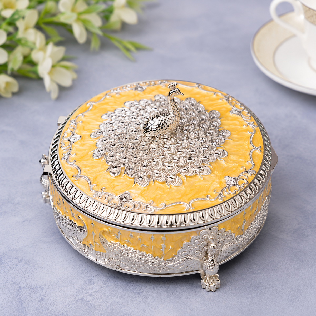Premsons® Yellow Enamel Silver Peacock Decorative Box with Ornate Floral Detailing, Small & Large