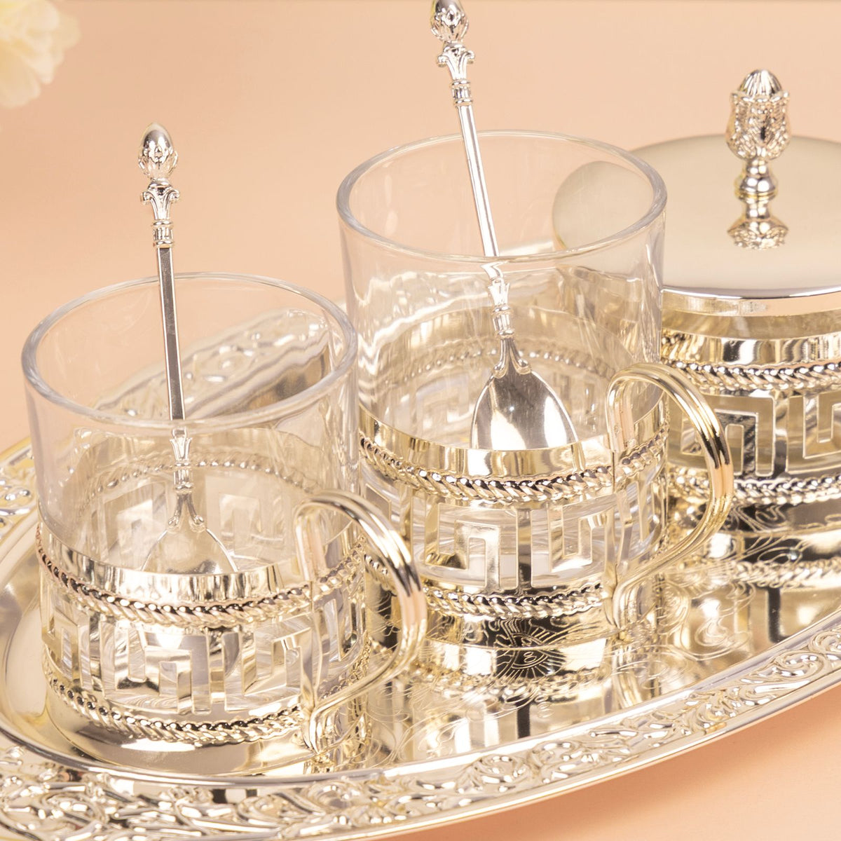 Premsons® Silver Tea Serving Set with 2 Glass Cups, Covered Sugar Bowl and Decorative Tray