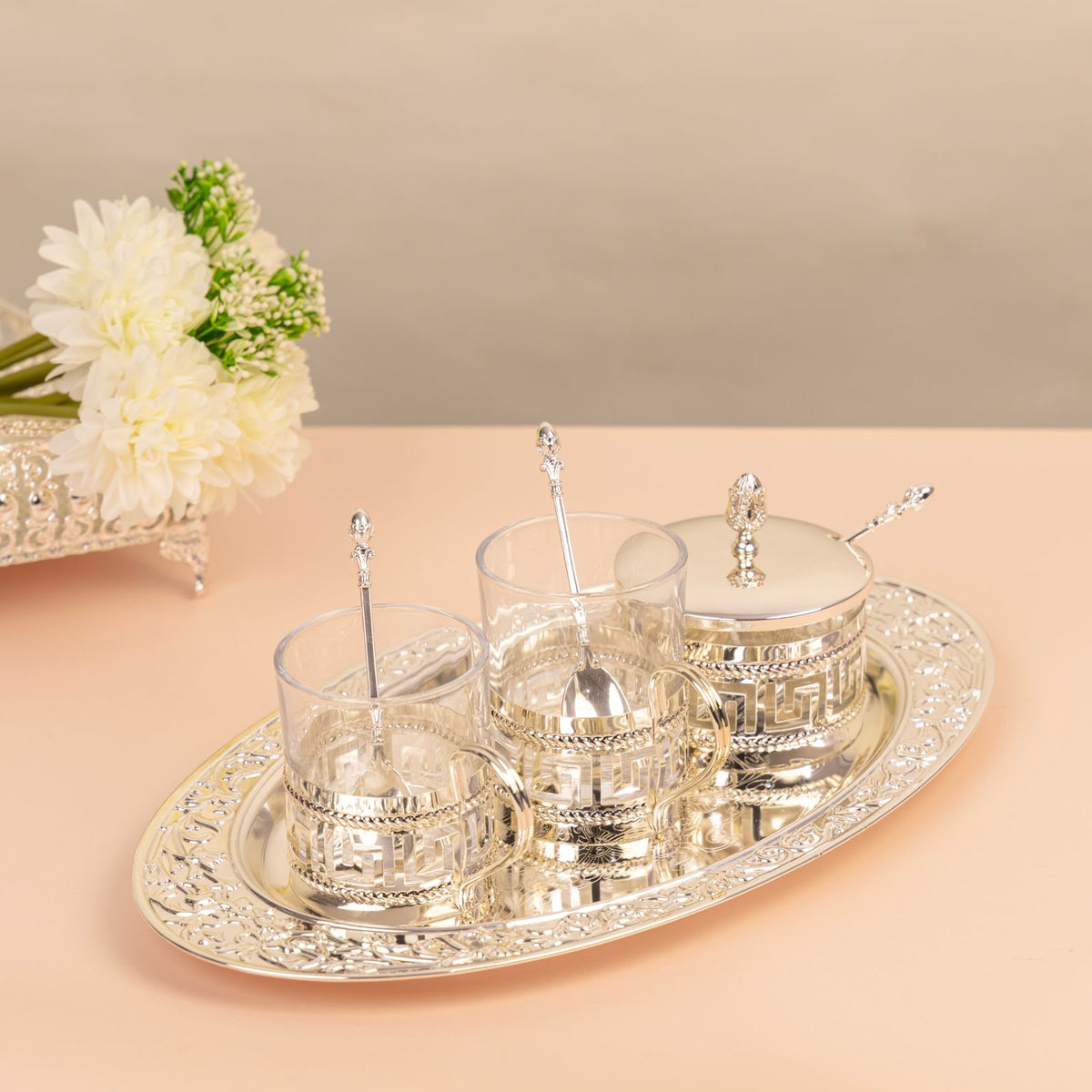 Premsons® Silver Tea Serving Set with 2 Glass Cups, Covered Sugar Bowl and Decorative Tray