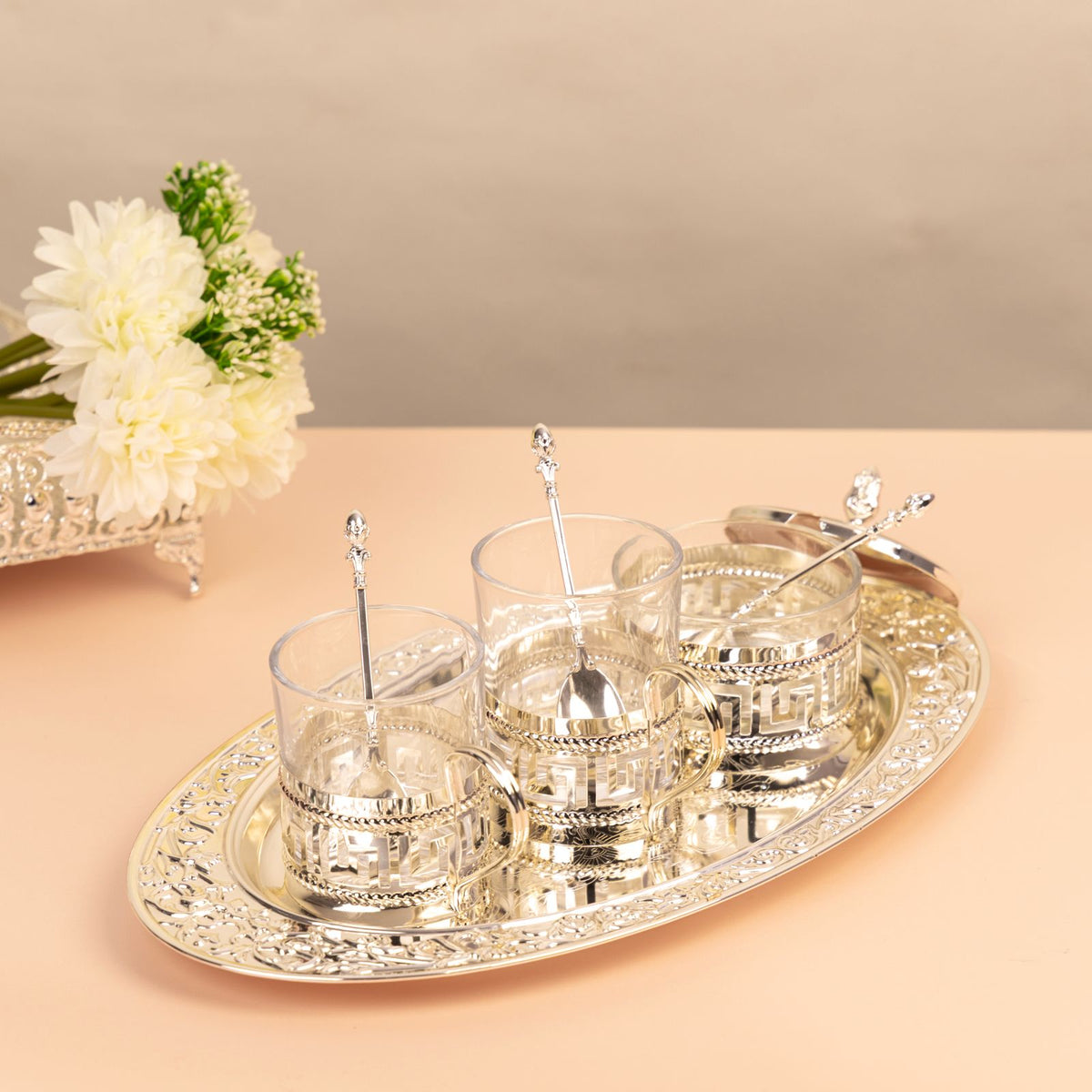 Premsons® Silver Tea Serving Set with 2 Glass Cups, Covered Sugar Bowl and Decorative Tray