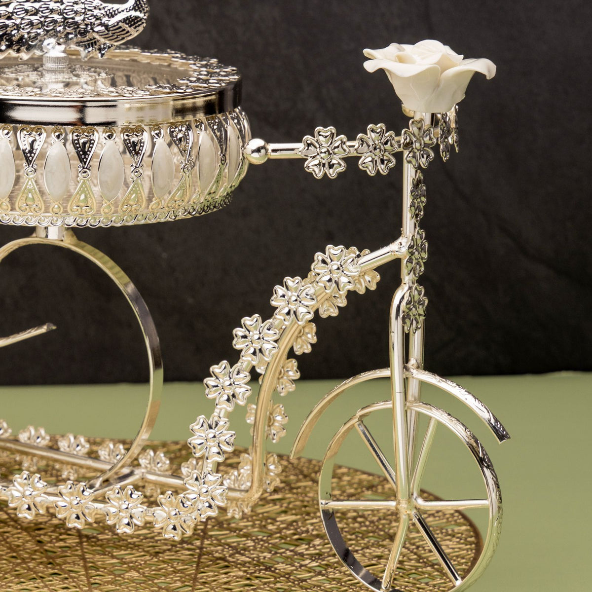 Premsons® Silver Finish Peacock Decorative Dry Fruit Trolley with 2 Lidded Bowls and Floral Carriage Stand