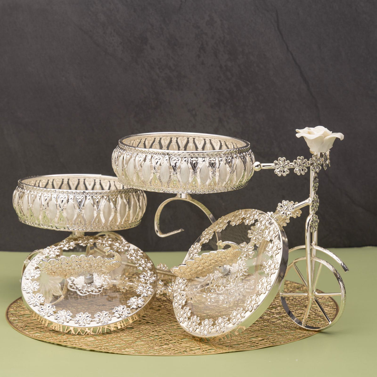 Premsons® Silver Finish Peacock Decorative Dry Fruit Trolley with 2 Lidded Bowls and Floral Carriage Stand
