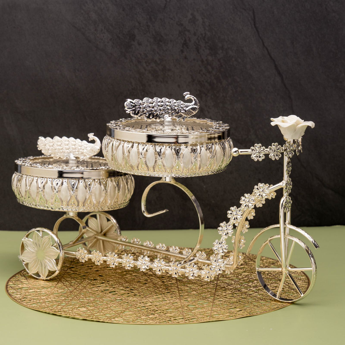 Premsons® Silver Finish Peacock Decorative Dry Fruit Trolley with 2 Lidded Bowls and Floral Carriage Stand