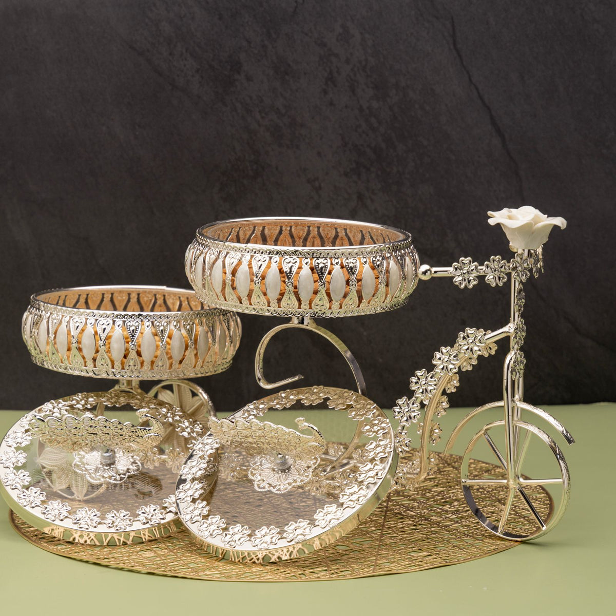 Premsons® Silver Finish Peacock Decorative Serving Stand with 2 Bowls and 2 Peacock Trays