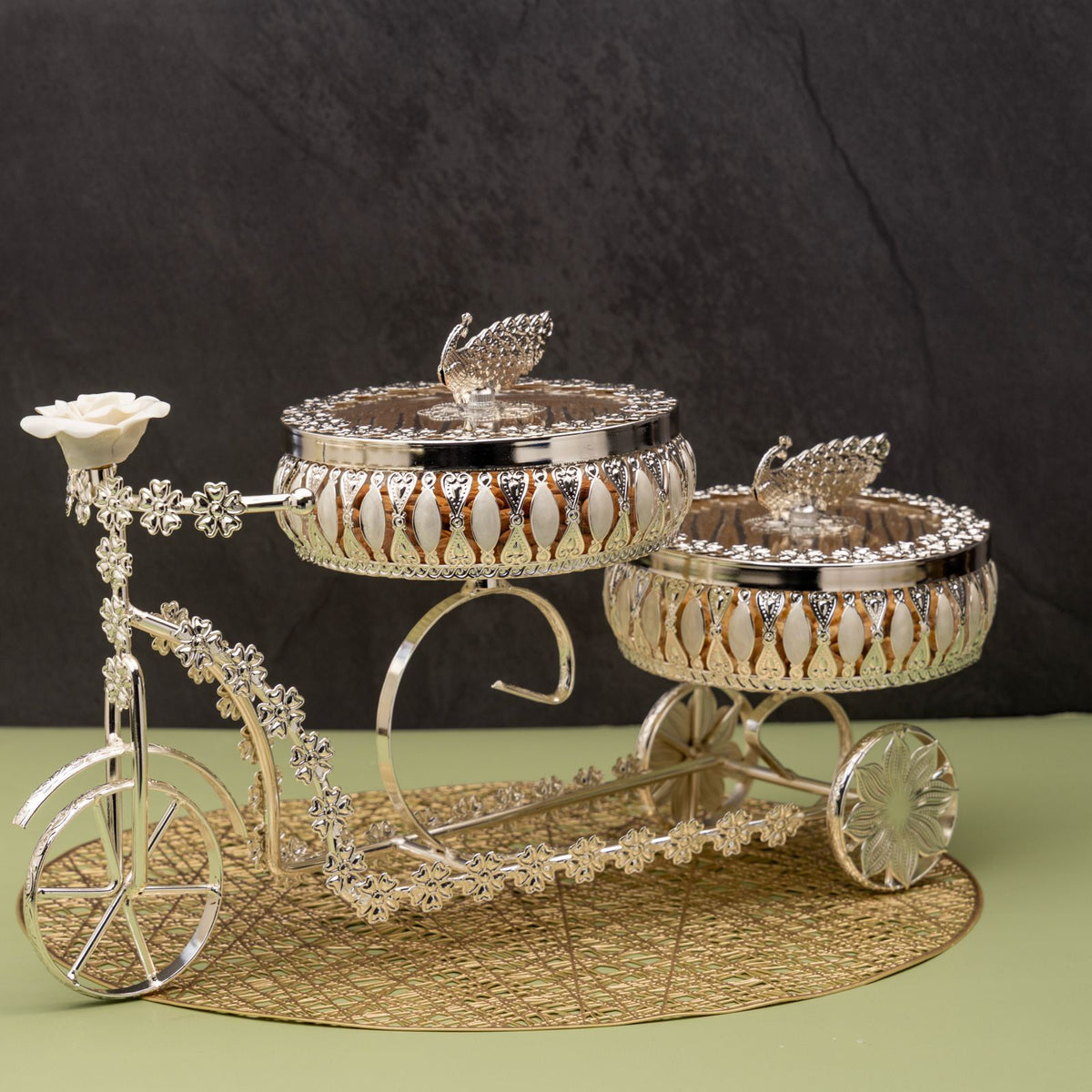 Premsons® Silver Finish Peacock Decorative Serving Stand with 2 Bowls and 2 Peacock Trays