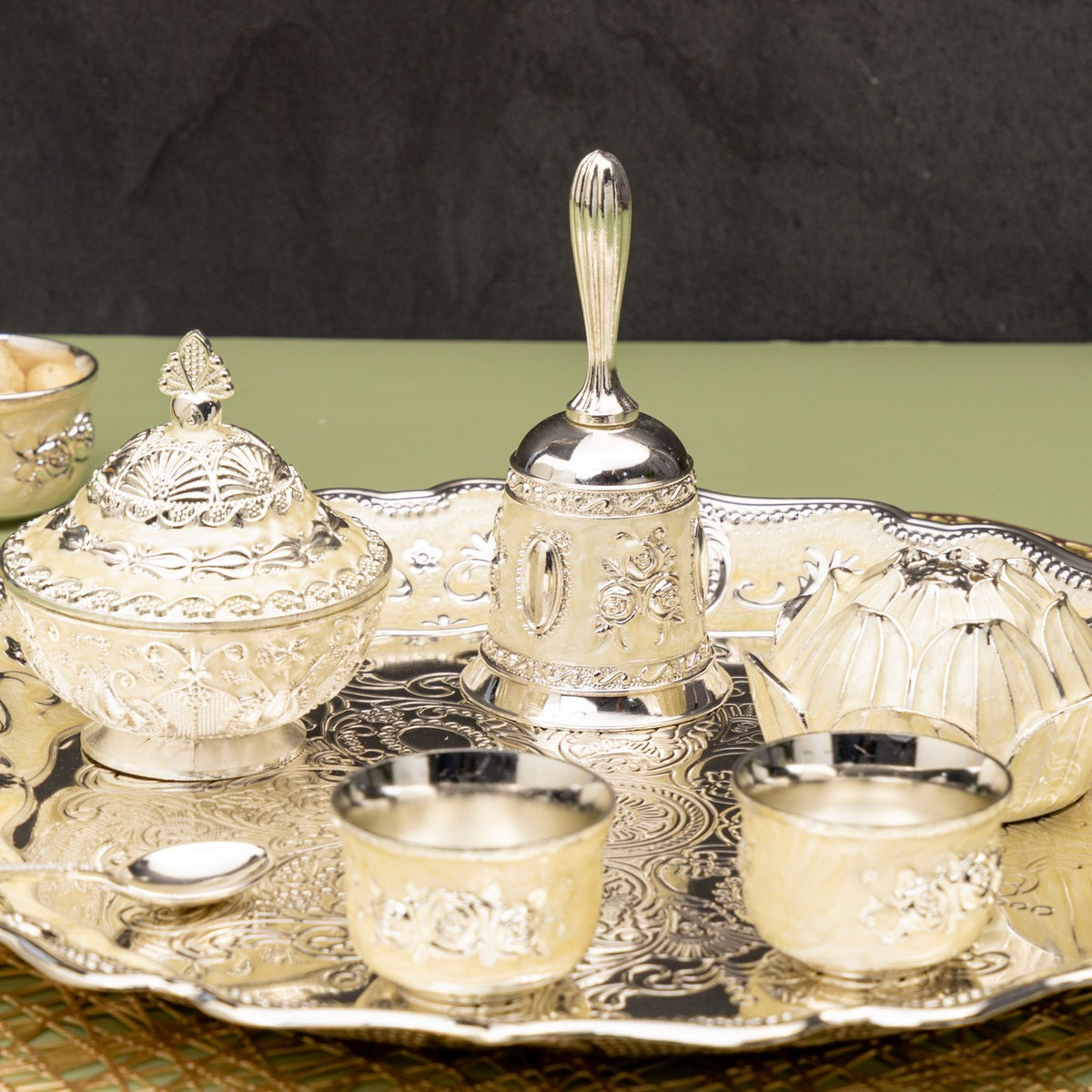 Premsons® Silver Finish Decorative Pooja and Serving Set with Ornate Tray, Bowls and Accessories