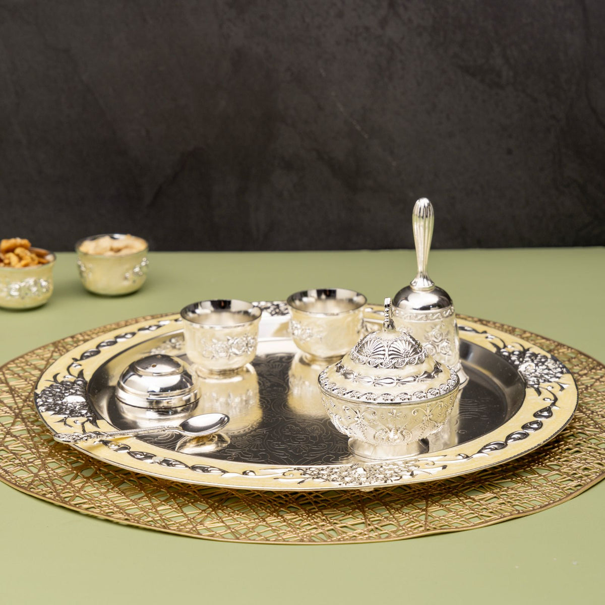 Premsons® Silver Finish Decorative Pooja and Serving Set with Ornate Tray, Bowls and Accessories