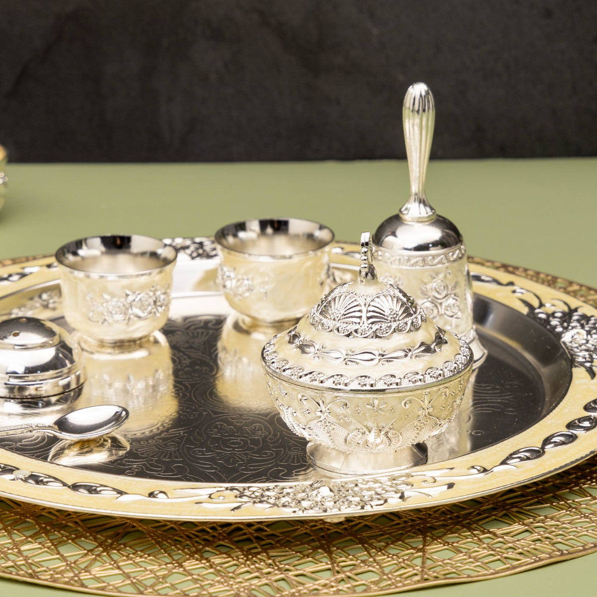 Premsons® Silver Finish Decorative Pooja and Serving Set with Ornate Tray, Bowls and Accessories