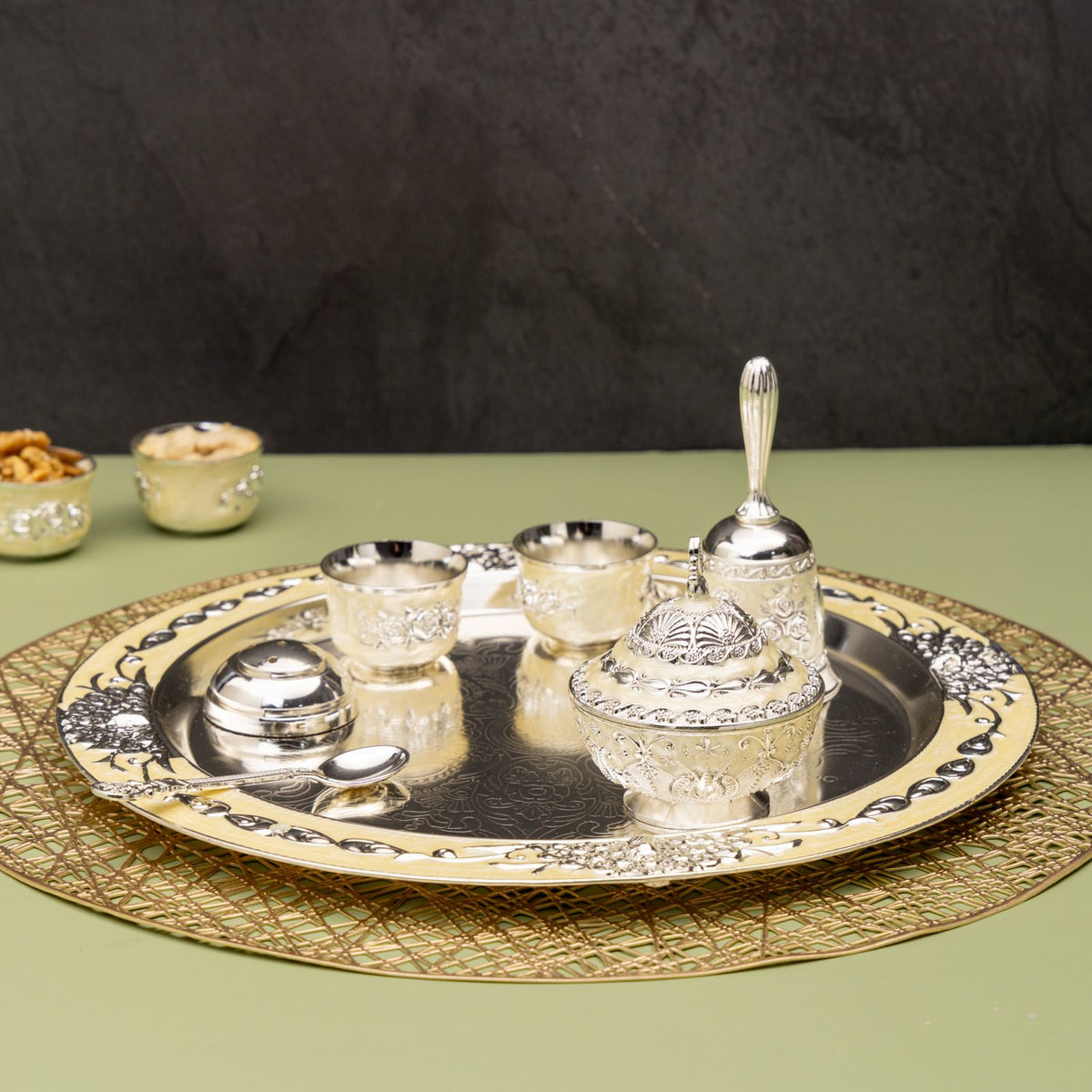 Premsons® Silver Finish Decorative Pooja and Serving Set with Ornate Tray, Bowls and Accessories