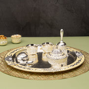 Premsons® Silver Finish Decorative Pooja and Serving Set with Ornate Tray, Bowls and Accessories