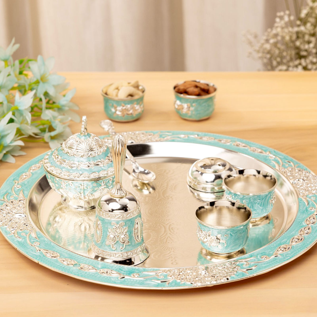 Premsons® Turquoise Enamel Silver Finish Pooja Thali Set with Decorative Bowls and Ritual Accessories