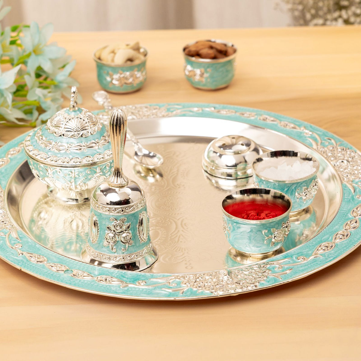 Premsons® Turquoise Enamel Silver Finish Pooja Thali Set with Decorative Bowls and Ritual Accessories