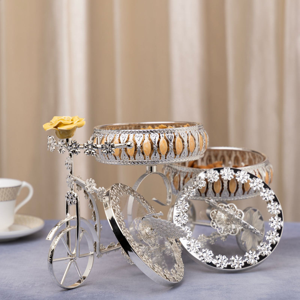 Premsons® Silver Finish Peacock Decorative Dry Fruit Serving Trolley with 2 Bowls and 2 Peacock Trays
