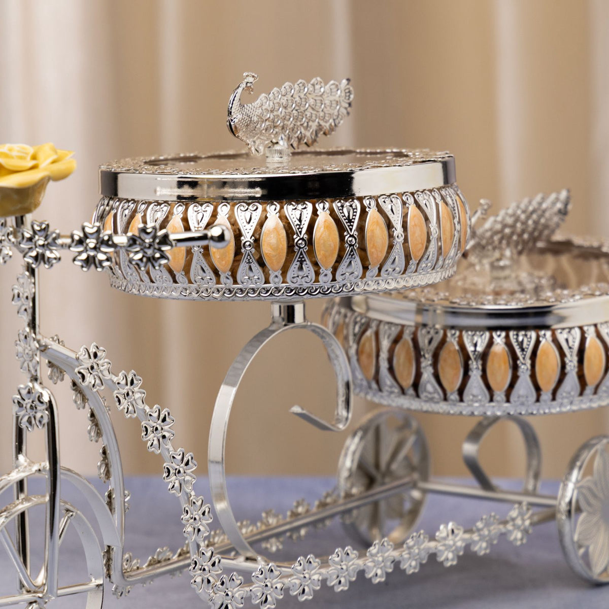 Premsons® Silver Finish Peacock Decorative Dry Fruit Serving Trolley with 2 Bowls and 2 Peacock Trays
