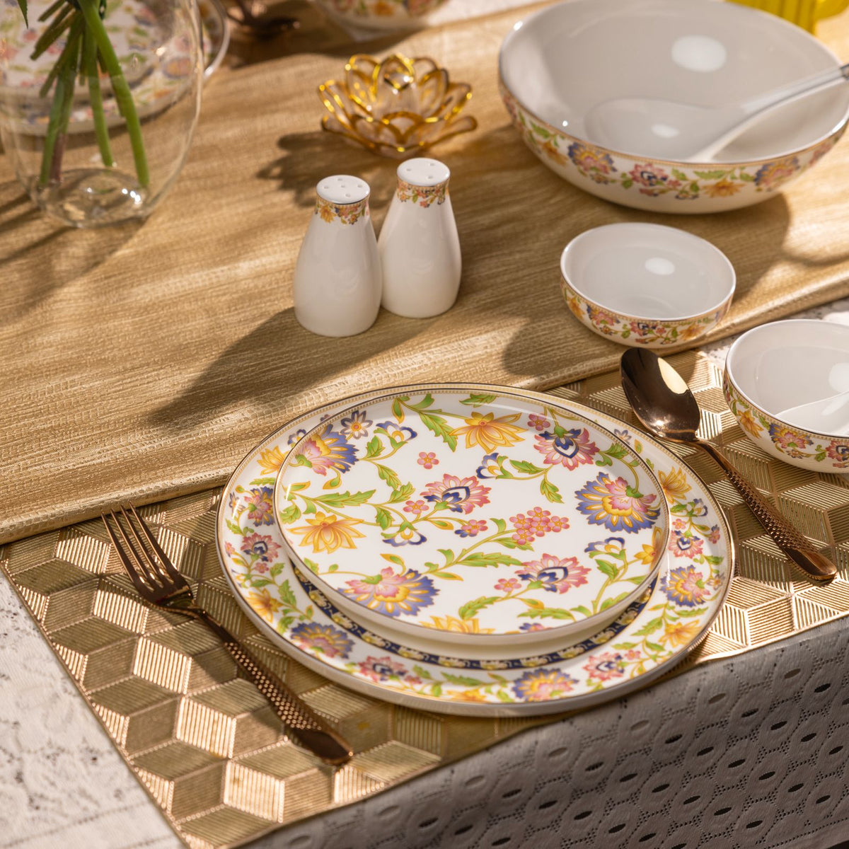 Premsons® Floral Ceramic Dinner set with Multicolour Botanical Design and Gold Accents