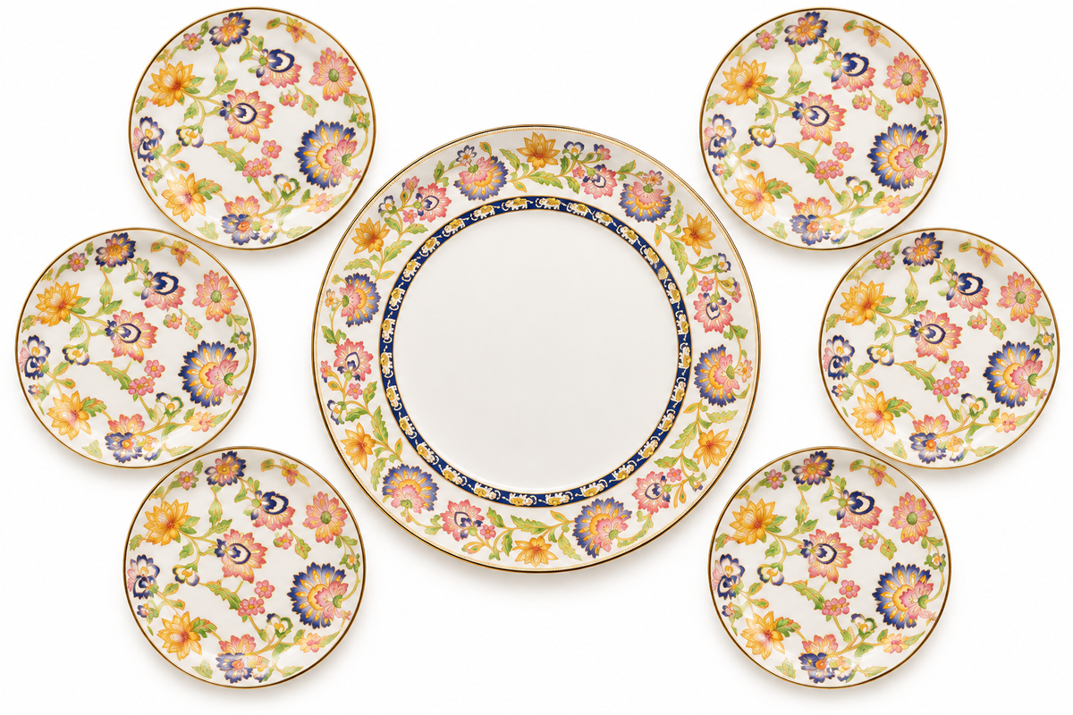 Premsons® Floral Breakfast Plate Set of 7 | 1 Large Dinner Plate and 6 Small Plates | Multicolour Floral Design