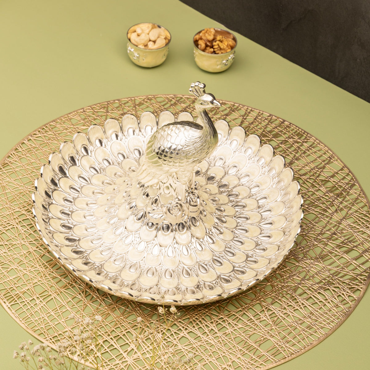 Premsons® Silver Peacock Decorative Serving Platter | Elegant Peacock Design Centrepiece Bowl