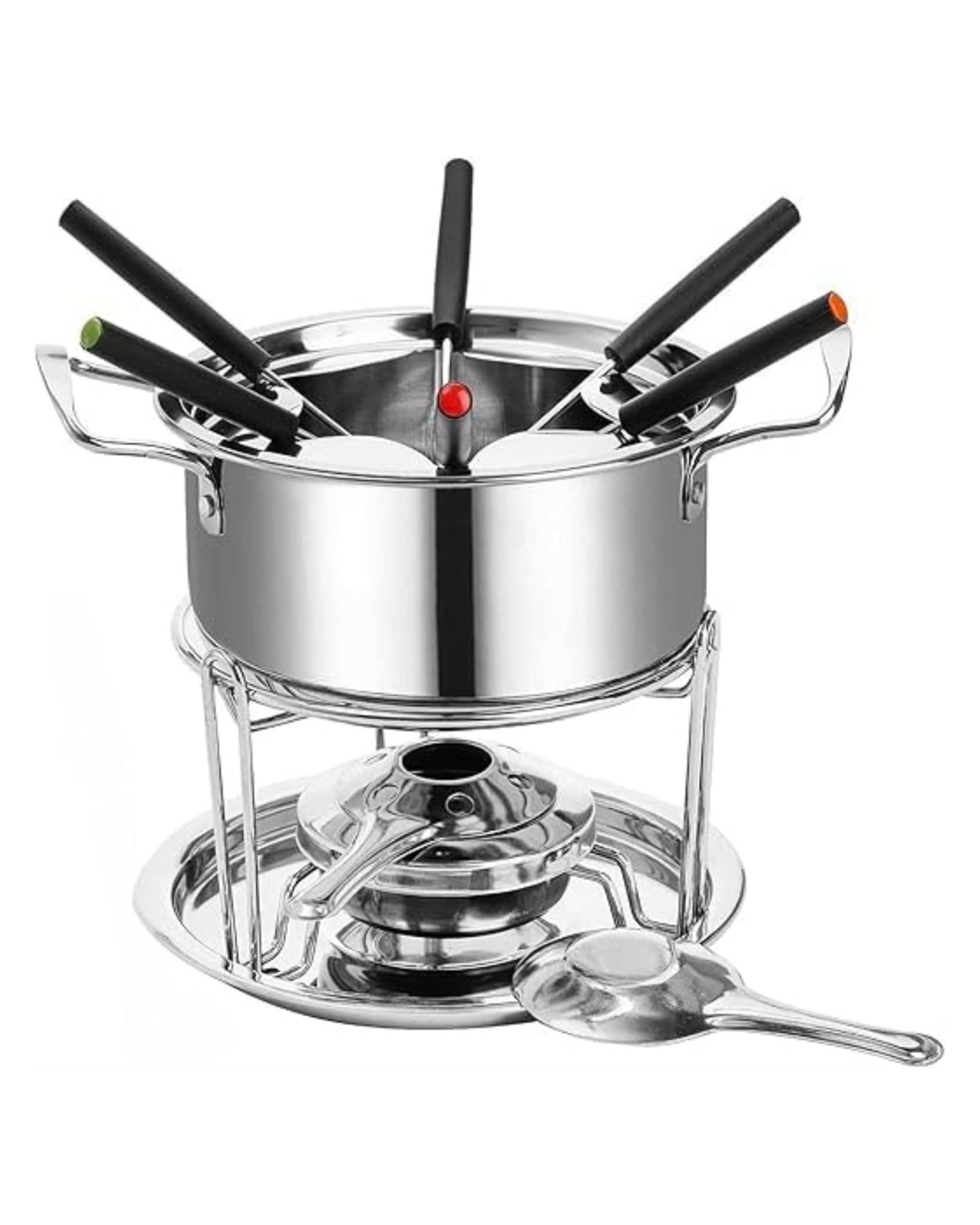 Premsons® Stainless Steel Cheese Fondue Pot Set with Fork - Perfect Chocolate Melting Vessel for Dinner Parties Gifting Date Night - Temperature Controllable - Easy to Use & Clean - Includes 6 Skewer