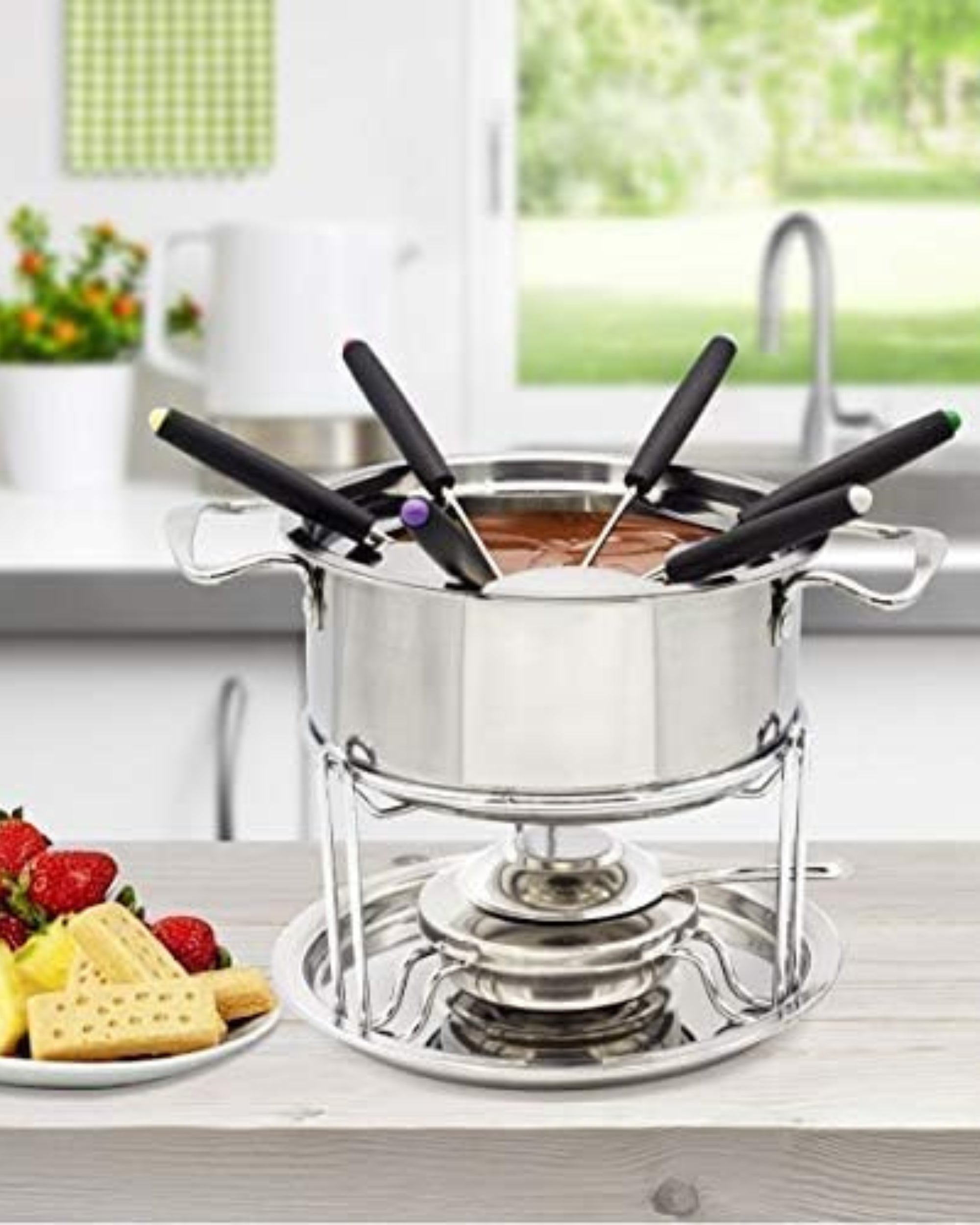 Premsons® Stainless Steel Cheese Fondue Pot Set with Fork - Perfect Chocolate Melting Vessel for Dinner Parties Gifting Date Night - Temperature Controllable - Easy to Use & Clean - Includes 6 Skewer