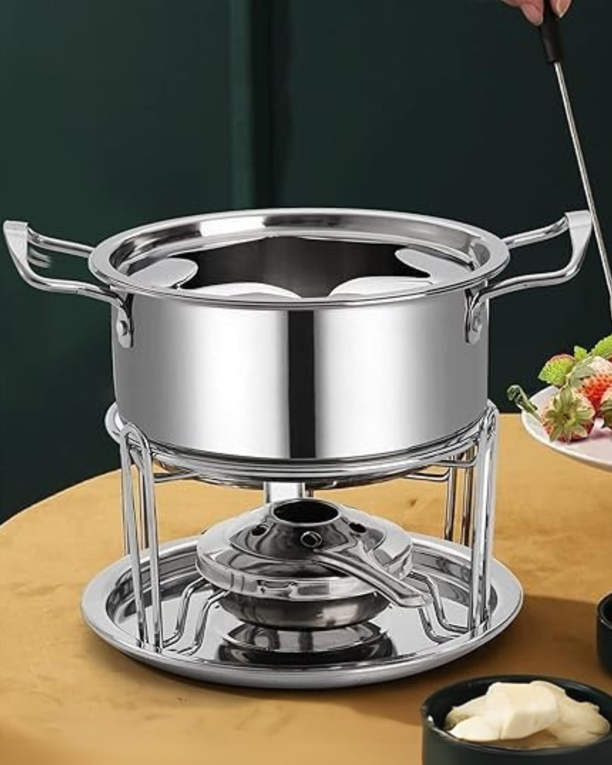 Premsons® Stainless Steel Cheese Fondue Pot Set with Fork - Perfect Chocolate Melting Vessel for Dinner Parties Gifting Date Night - Temperature Controllable - Easy to Use & Clean - Includes 6 Skewer