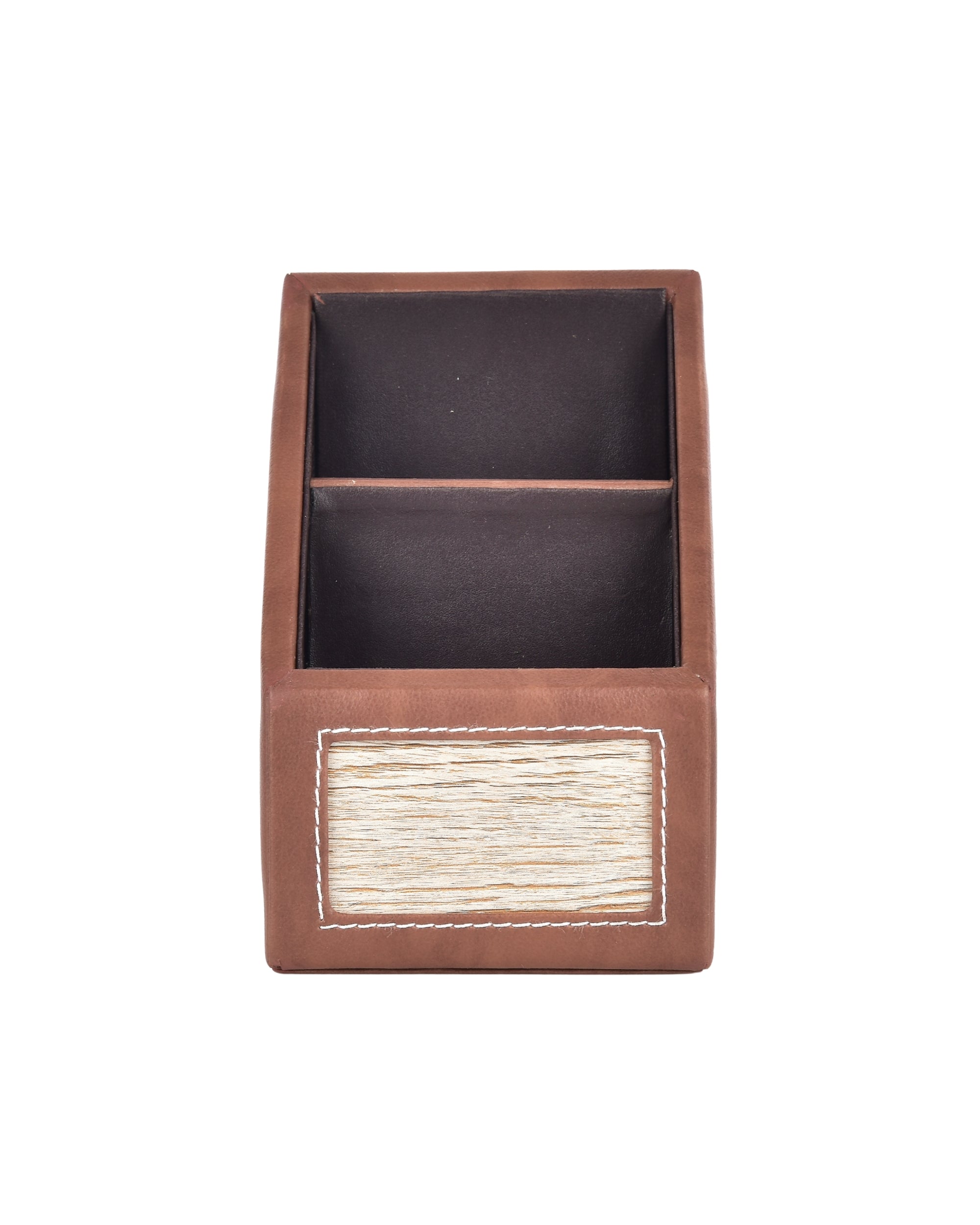 Premsons® Remote Holder Artificial Leather with Wooden Finish – 2 Section Tabletop Organizer for TV, AC & Office Desk Accessories – Compact & Stylish Storage Solution for Home & Office