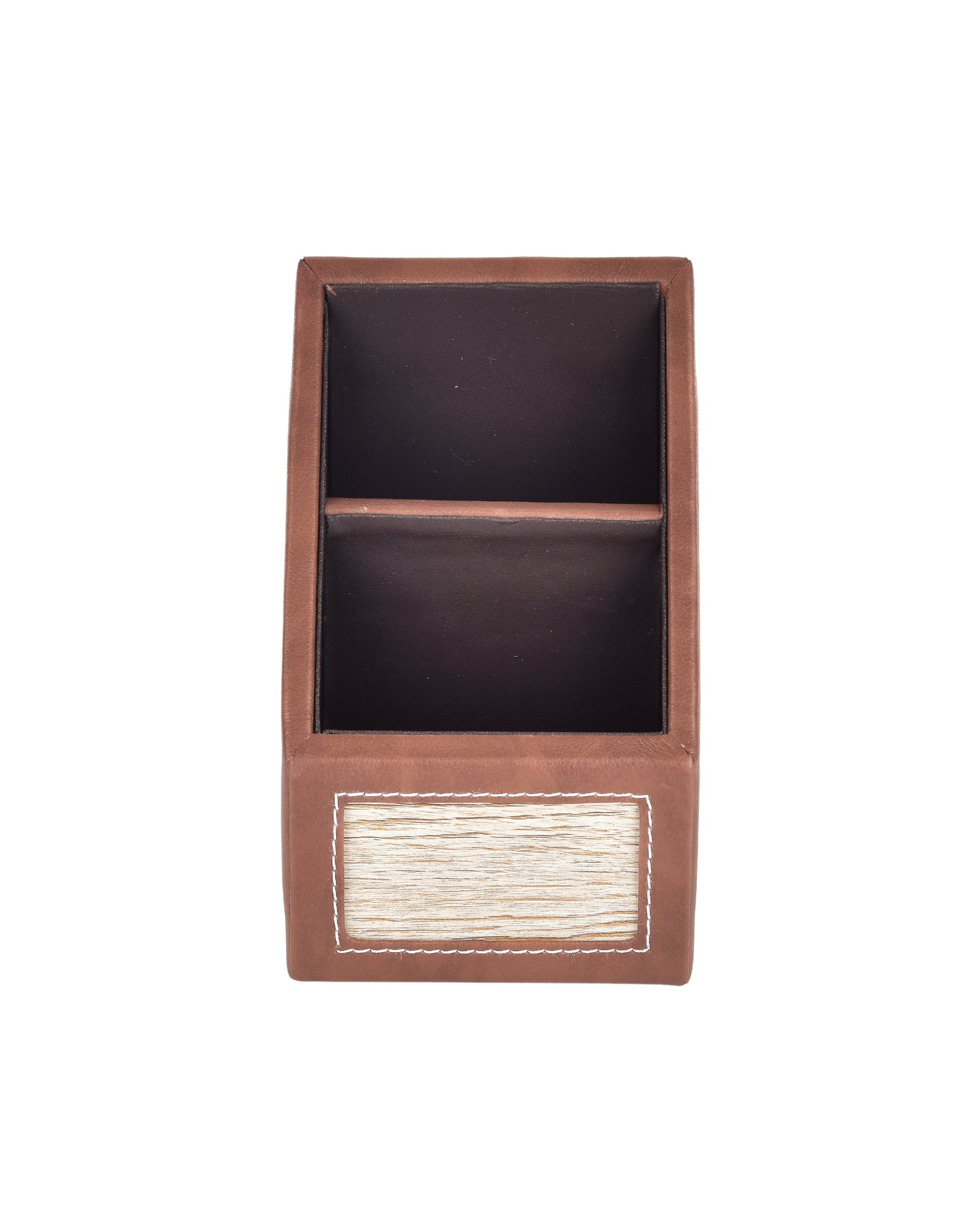 Premsons® Remote Holder Artificial Leather with Wooden Finish – 2 Section Tabletop Organizer for TV, AC & Office Desk Accessories – Compact & Stylish Storage Solution for Home & Office