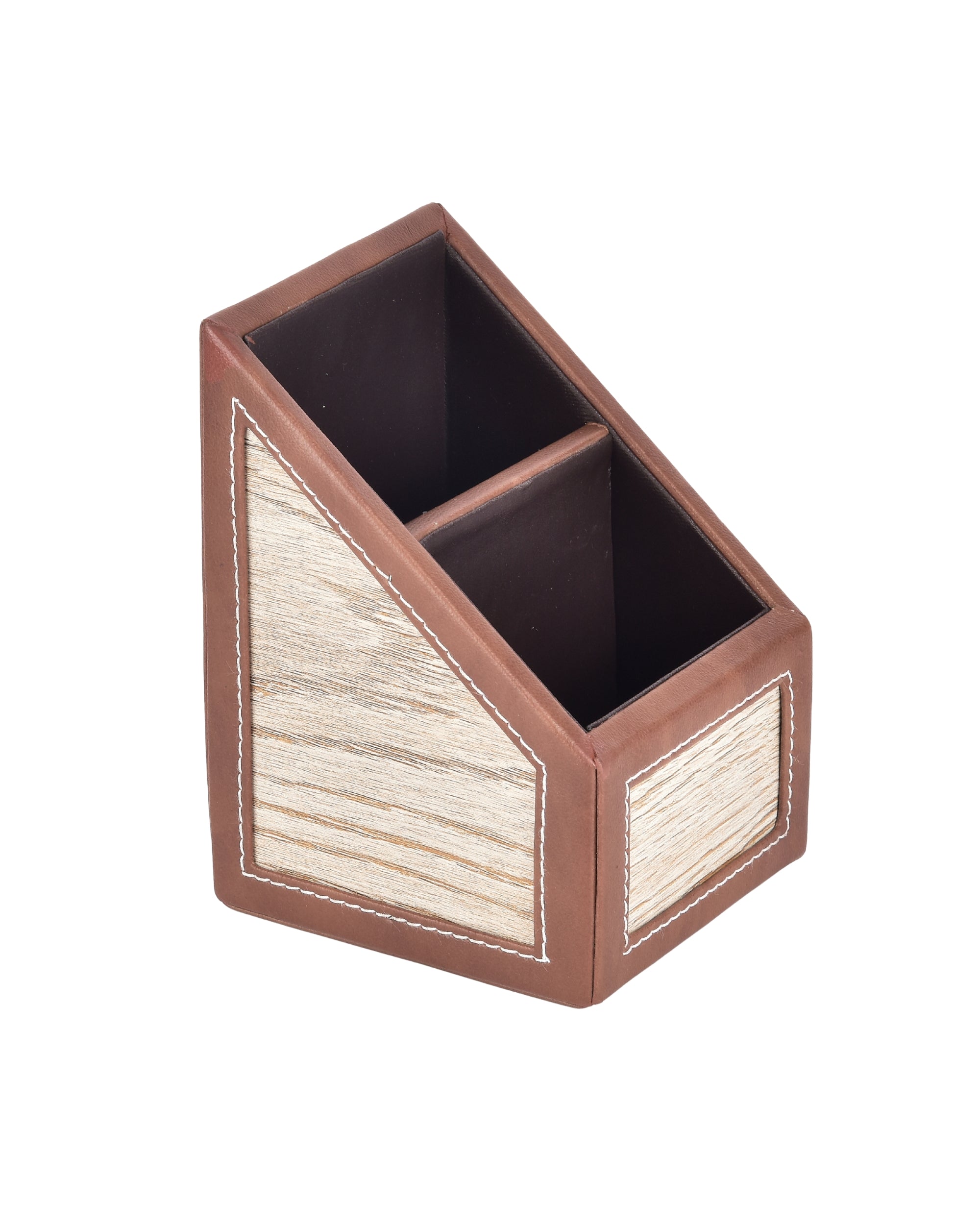 Premsons® Remote Holder Artificial Leather with Wooden Finish – 2 Section Tabletop Organizer for TV, AC & Office Desk Accessories – Compact & Stylish Storage Solution for Home & Office