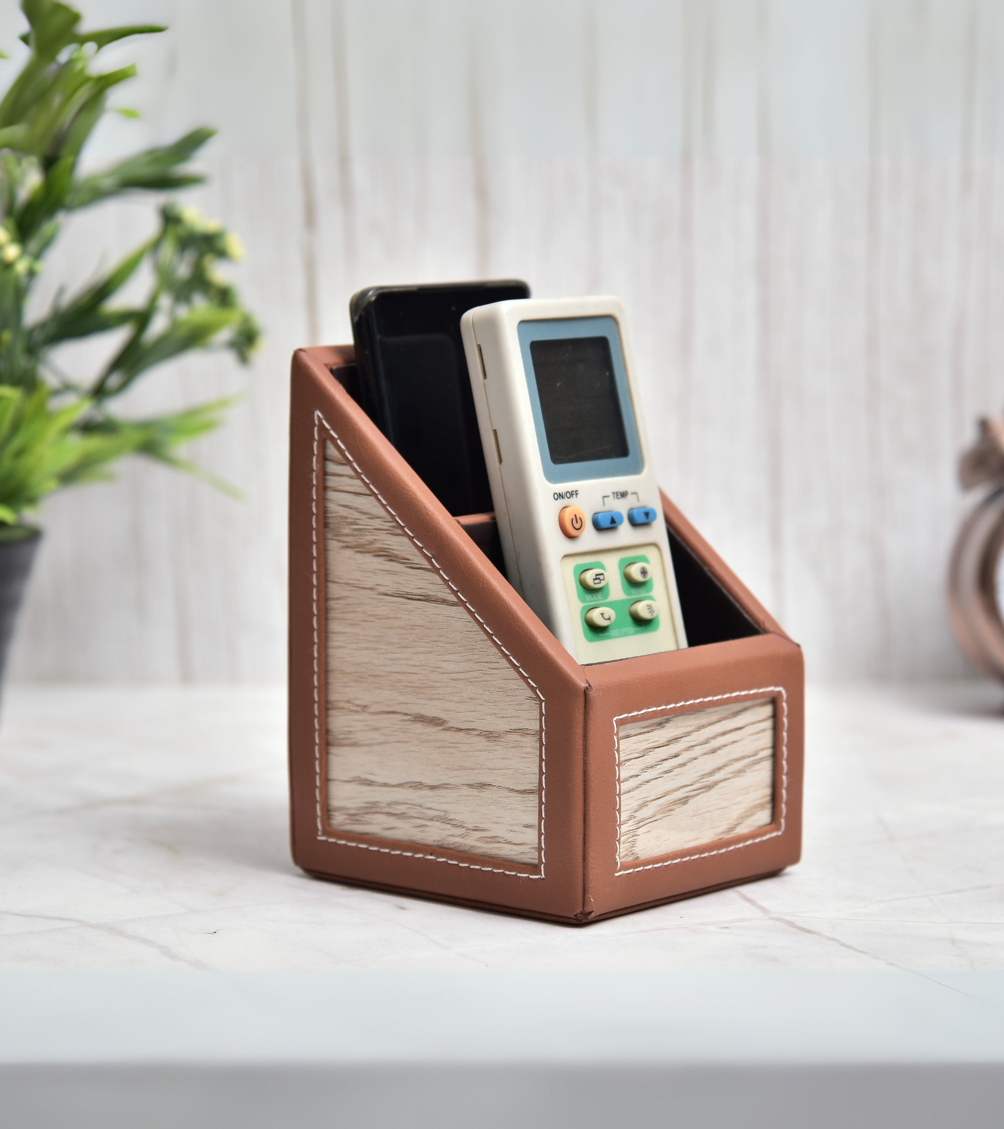 Premsons® Remote Holder Artificial Leather with Wooden Finish – 2 Section Tabletop Organizer for TV, AC & Office Desk Accessories – Compact & Stylish Storage Solution for Home & Office