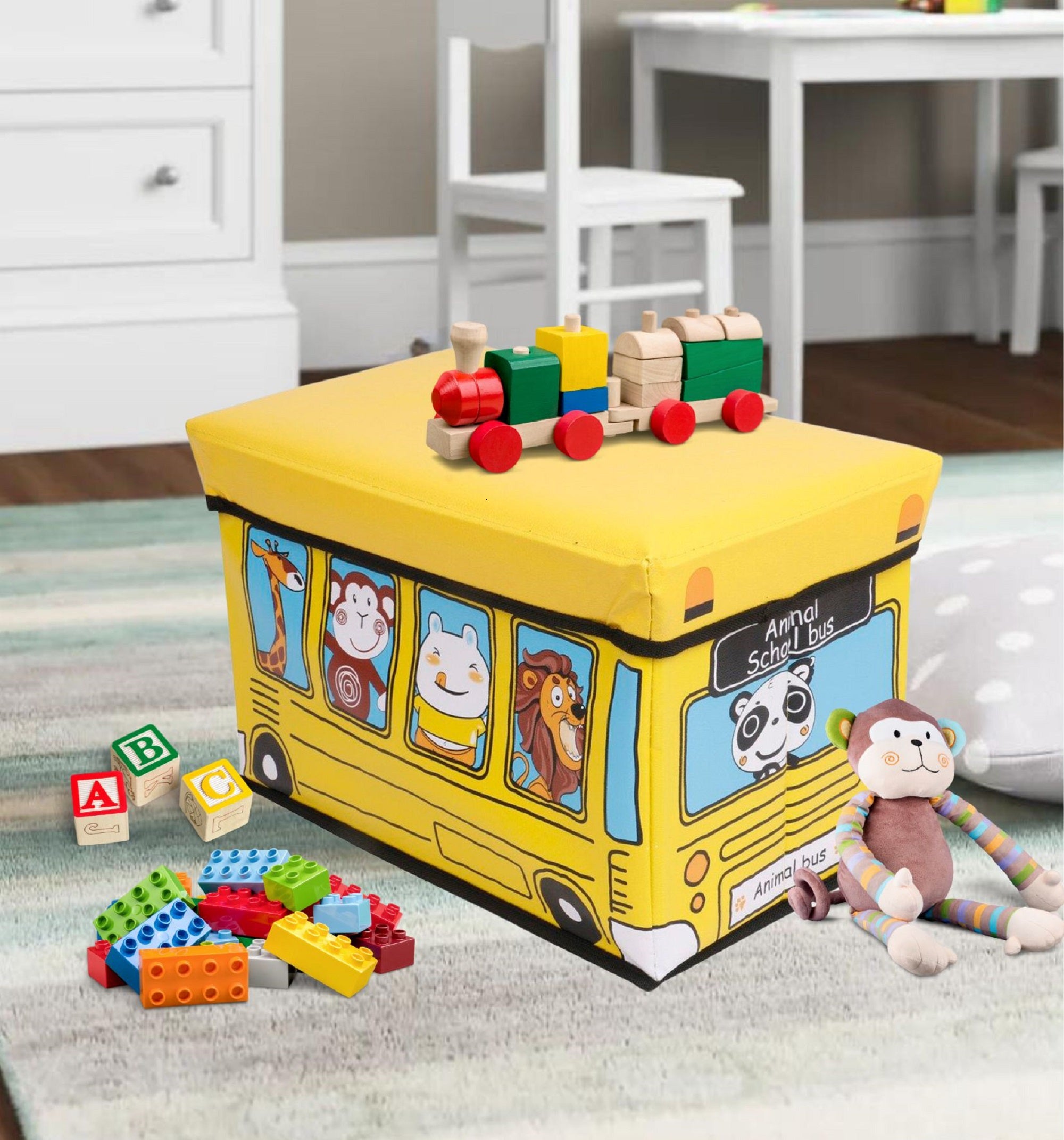 Premsons® Storage Box | Fabric Children’s Printed Rectangular Folding Seat | Compartment for Organizing Toys, Clothes, Books