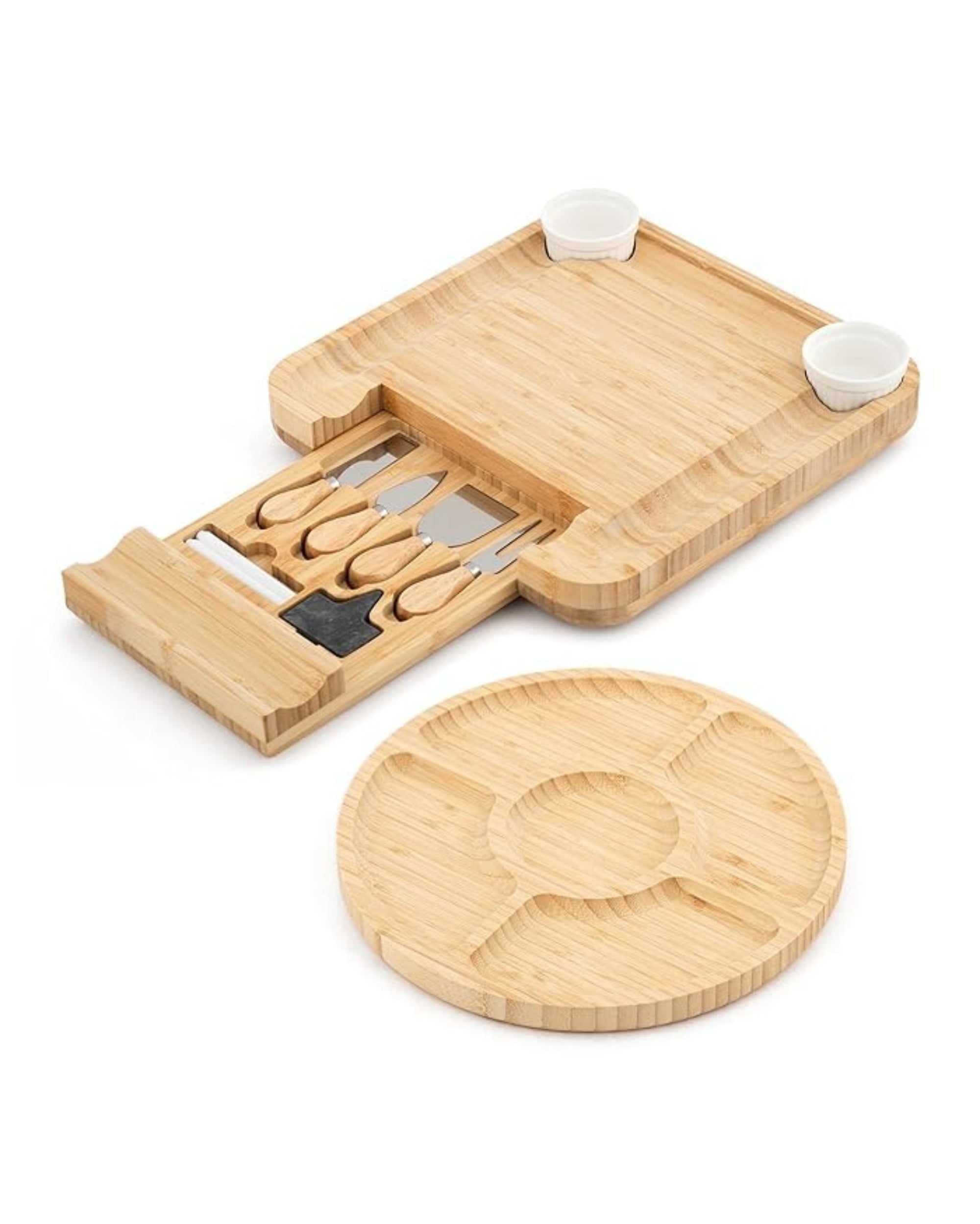 Premsons® Bamboo Cheese Board & Knife Set - Includes 4 Knife + Ceramic Bowls Set - Square Serving Tray for Snacks Appetizers Cheese Fruits Crackers - Ideal for Home Party Dinner Special Occasions