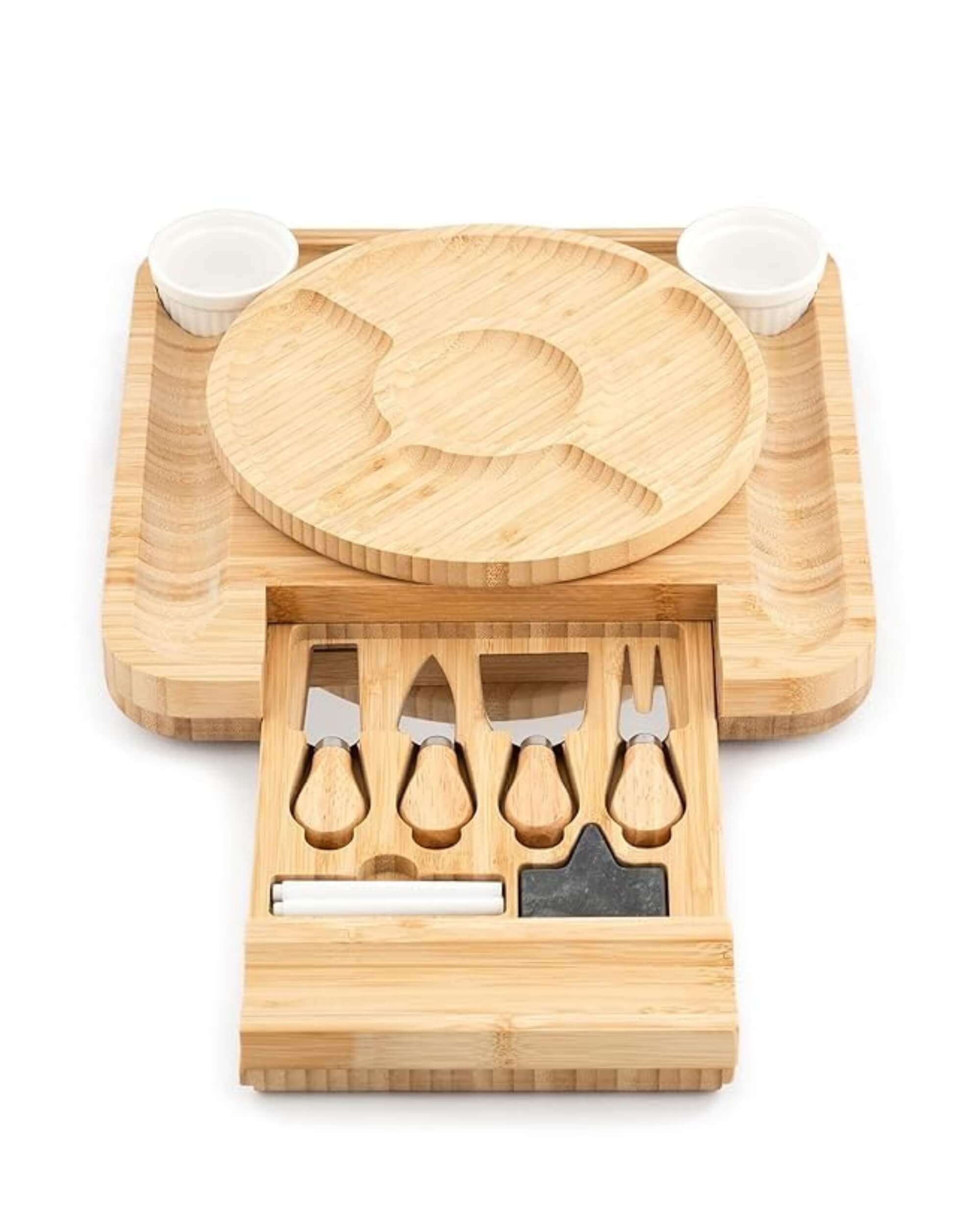 Premsons® Bamboo Cheese Board & Knife Set - Includes 4 Knife + Ceramic Bowls Set - Square Serving Tray for Snacks Appetizers Cheese Fruits Crackers - Ideal for Home Party Dinner Special Occasions