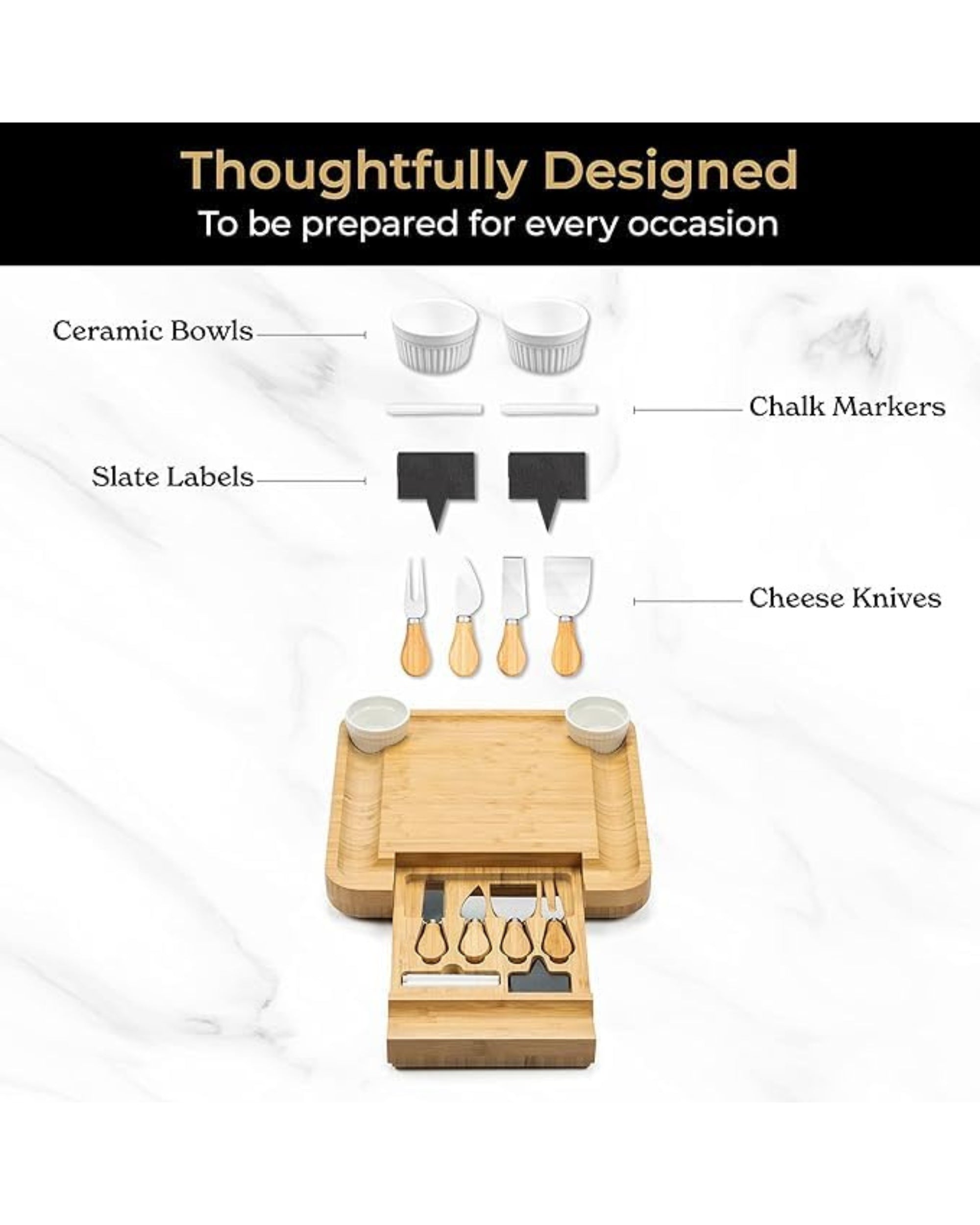 Premsons® Bamboo Cheese Board & Knife Set - Includes 4 Knife + Ceramic Bowls Set - Square Serving Tray for Snacks Appetizers Cheese Fruits Crackers - Ideal for Home Party Dinner Special Occasions