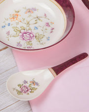 Premsons® Melamine Ladle Serving Spoon – Floral Design with Maroon Border | Elegant & Durable Dinnerware for Kitchen & Dining – Set of 6
