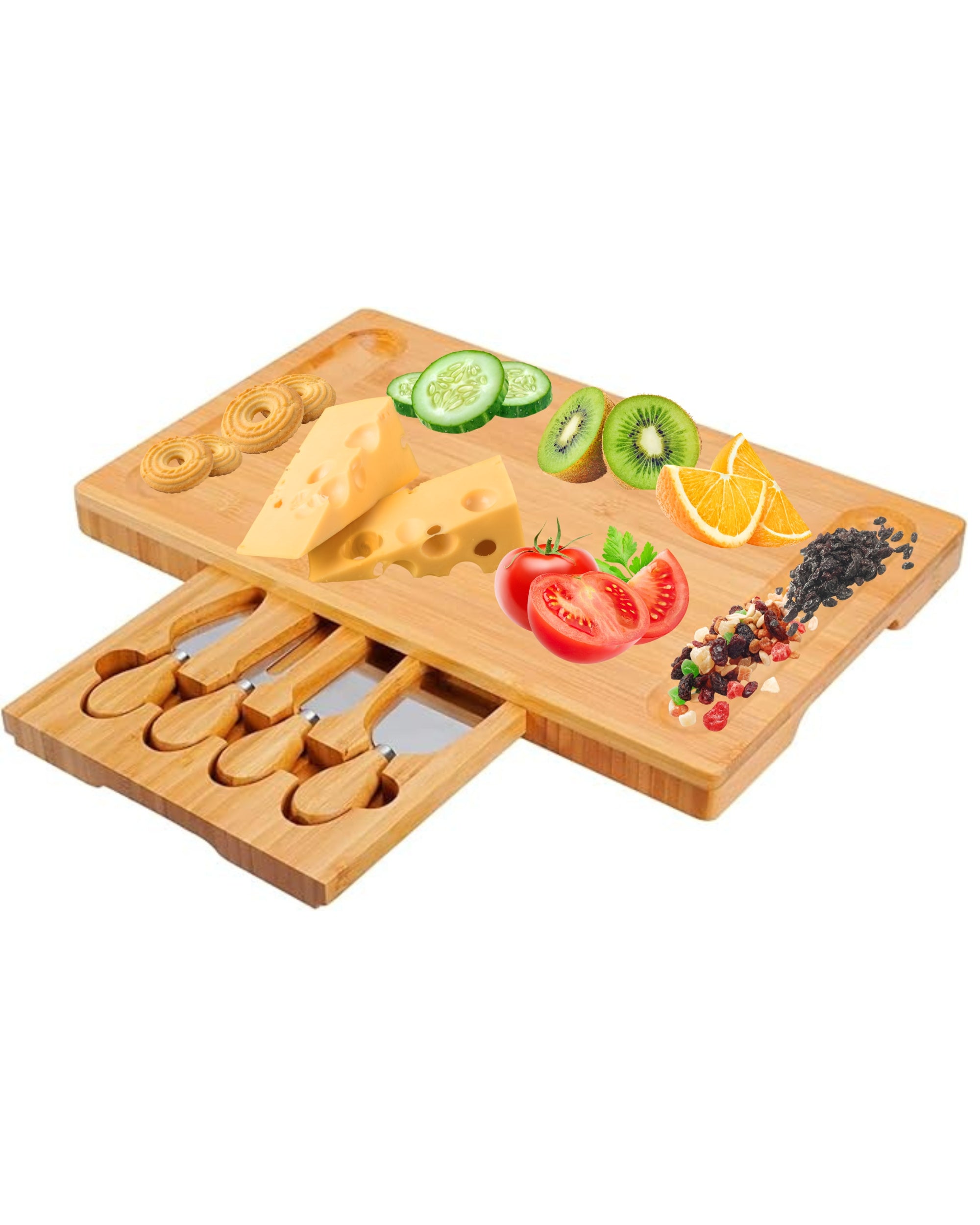 Premsons® Bamboo Cheese Board & Knife Set - Includes 4 Knife Set - Rectangle Serving Tray for Snacks Appetizers Cheese Fruits Crackers - Ideal for Home Party Dinner Special Occasions