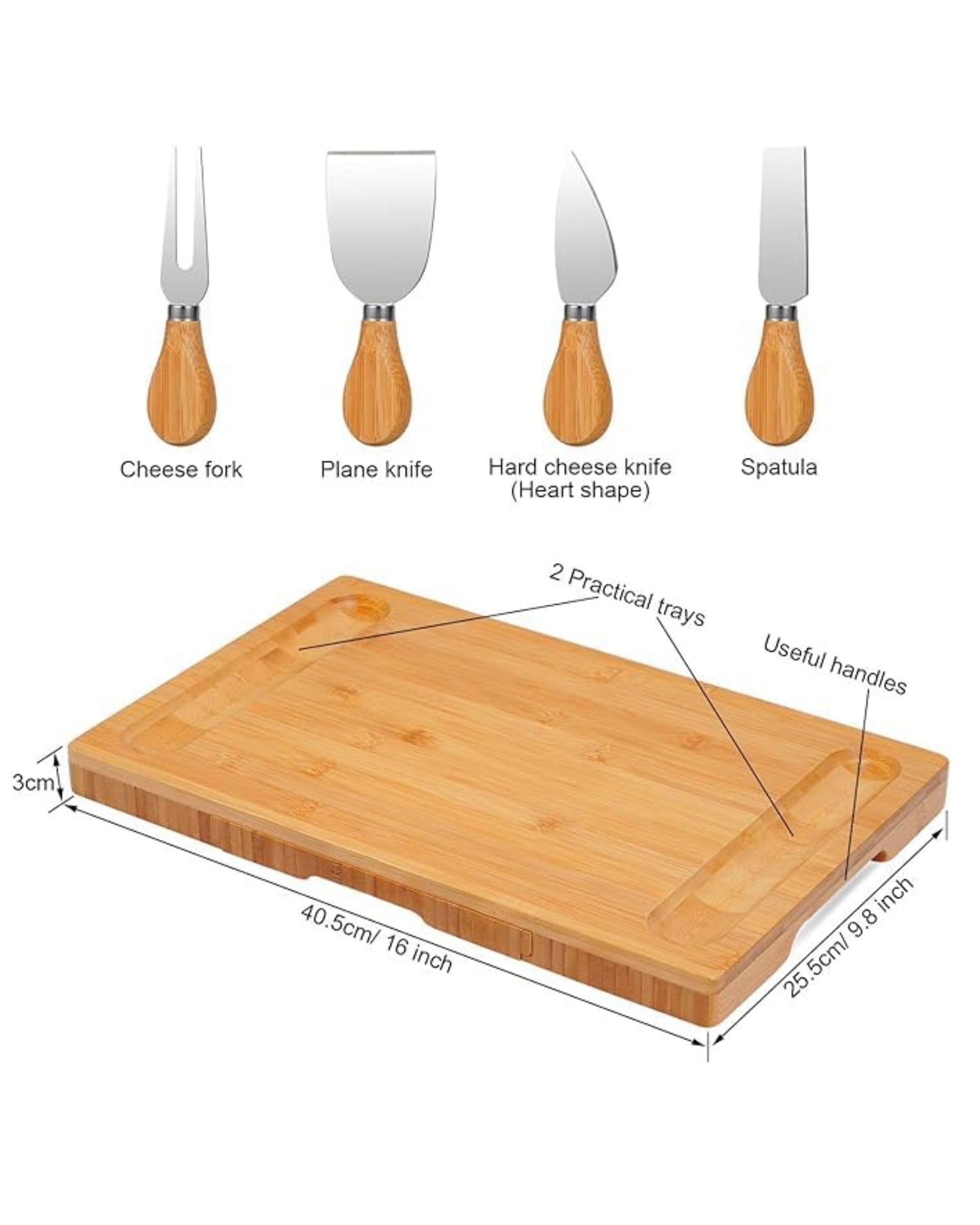 Premsons® Bamboo Cheese Board & Knife Set - Includes 4 Knife Set - Rectangle Serving Tray for Snacks Appetizers Cheese Fruits Crackers - Ideal for Home Party Dinner Special Occasions