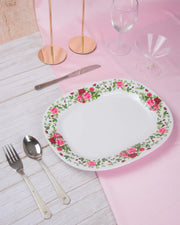 Premsons® 10" Oval Melamine Serving Plate – White with Pink Rose Border Design | Elegant & Durable Dinnerware for Kitchen & Dining – Set of 6