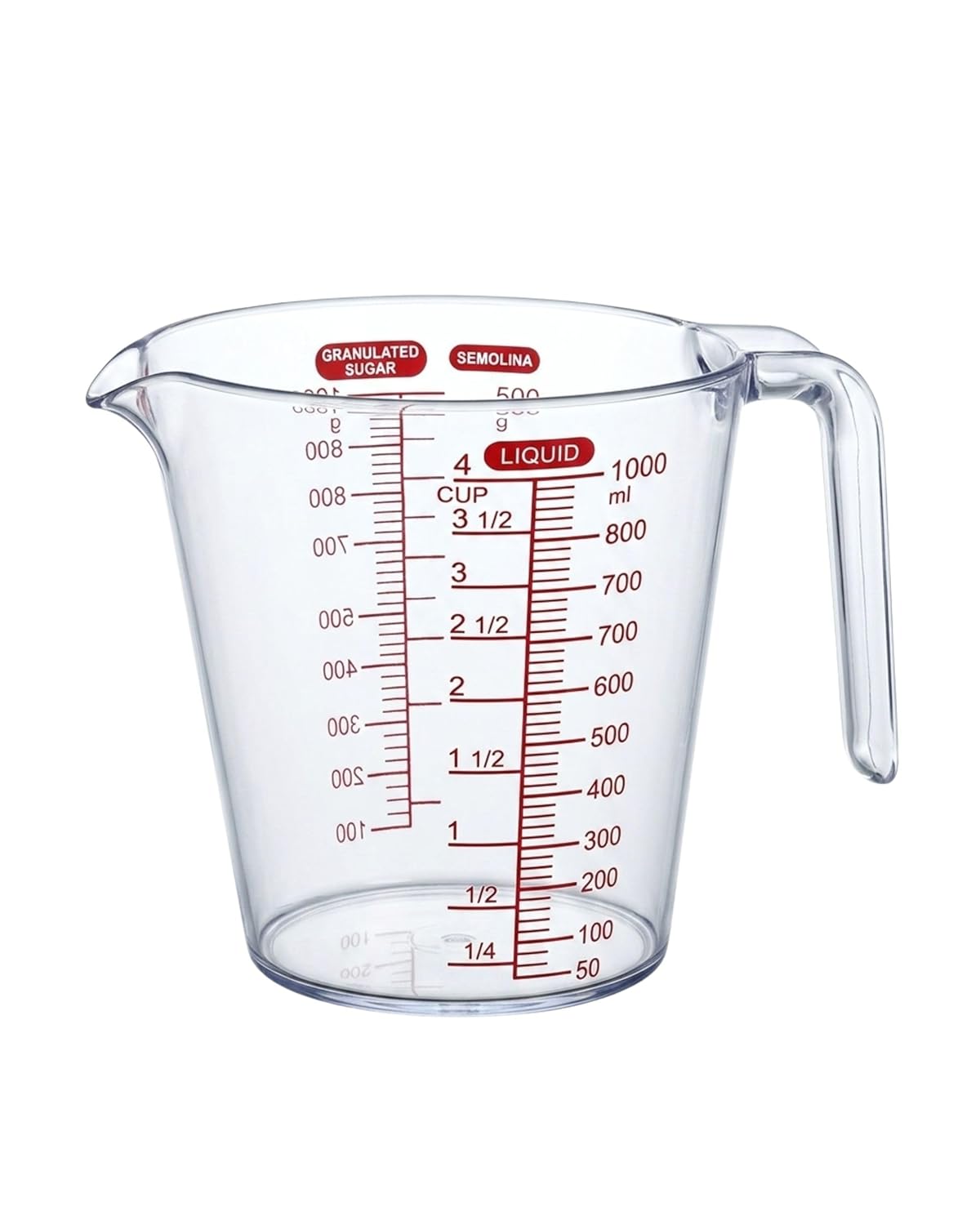 Clear plastic measuring jug with dual red measurement scales and wide handle