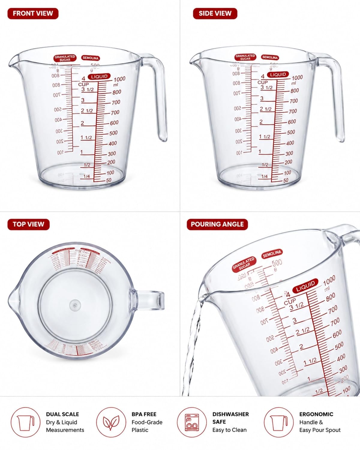 Clear measuring jug with red scale, showing front, side, top, and pouring angle