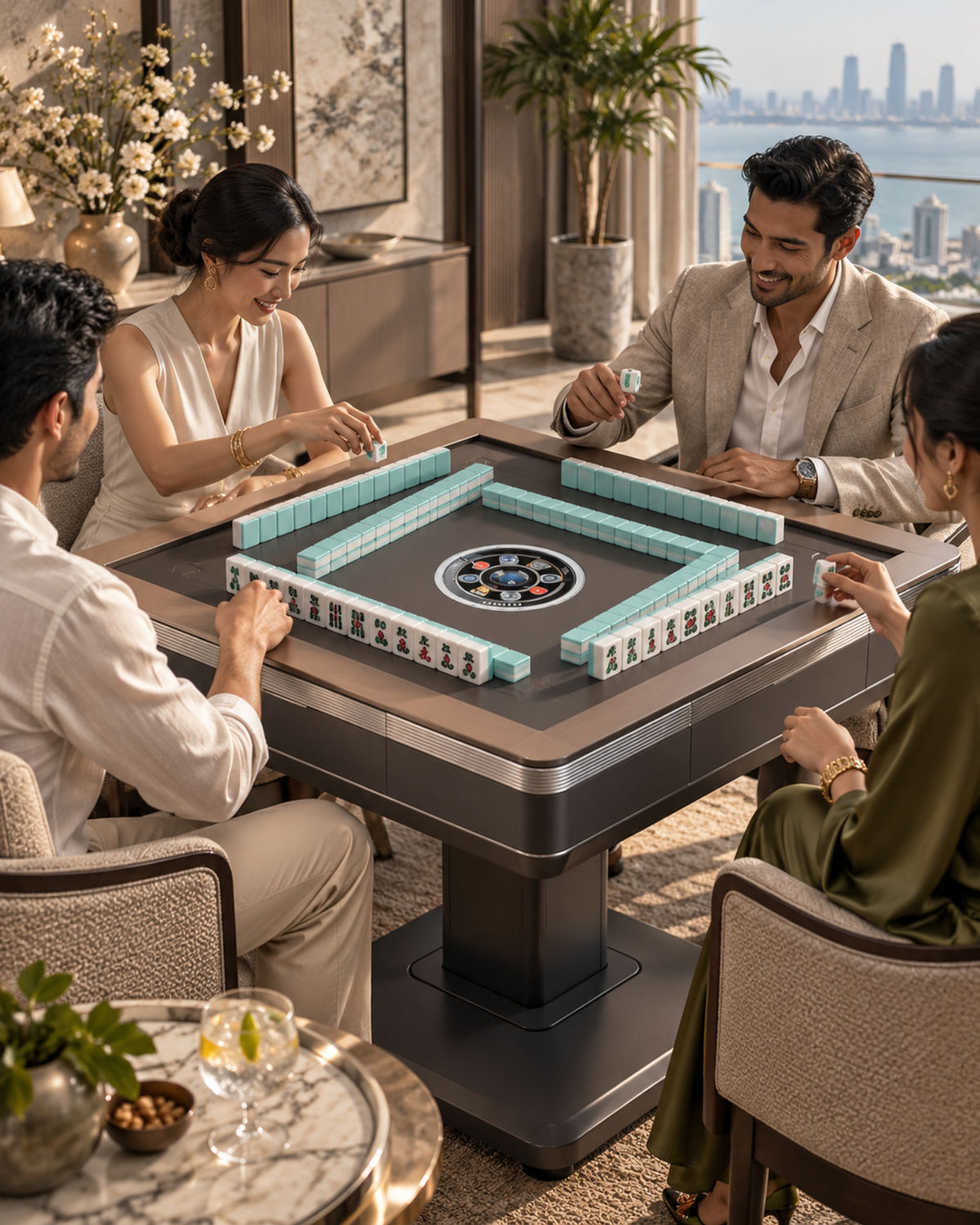 Premsons® Dark Blue Automatic Foldable Mahjong Table with 2 Sets of 44mm Mahjong Tiles & Grey Table Mat – Premium Mahjong Game Table Set